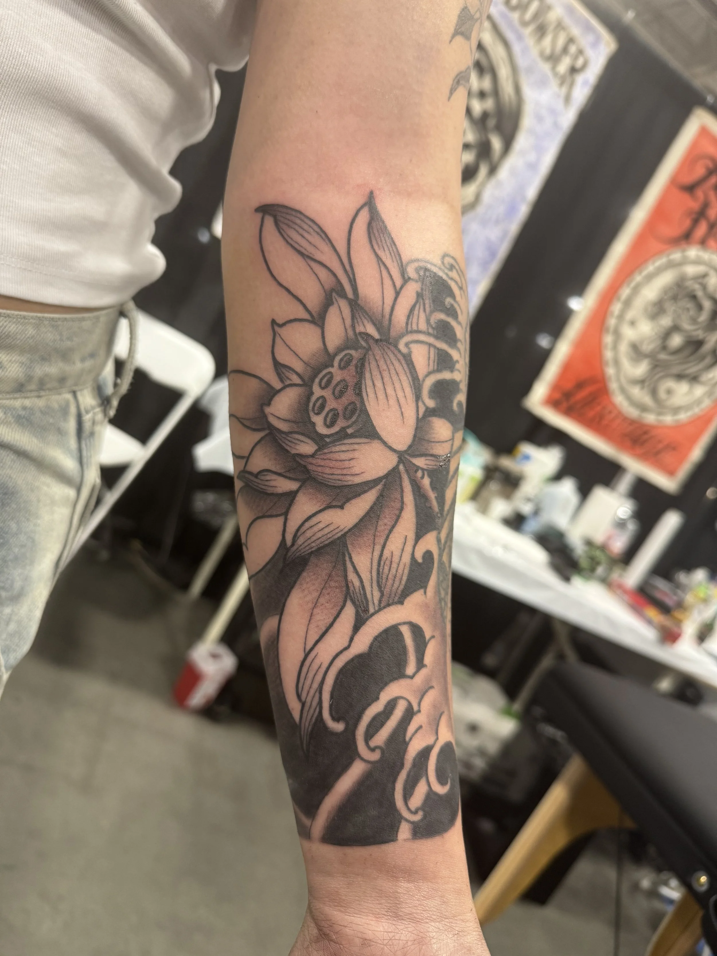Las Vegas Japanese style tattoo, peony flower with Japanese style finger waves irezumi Tattoo