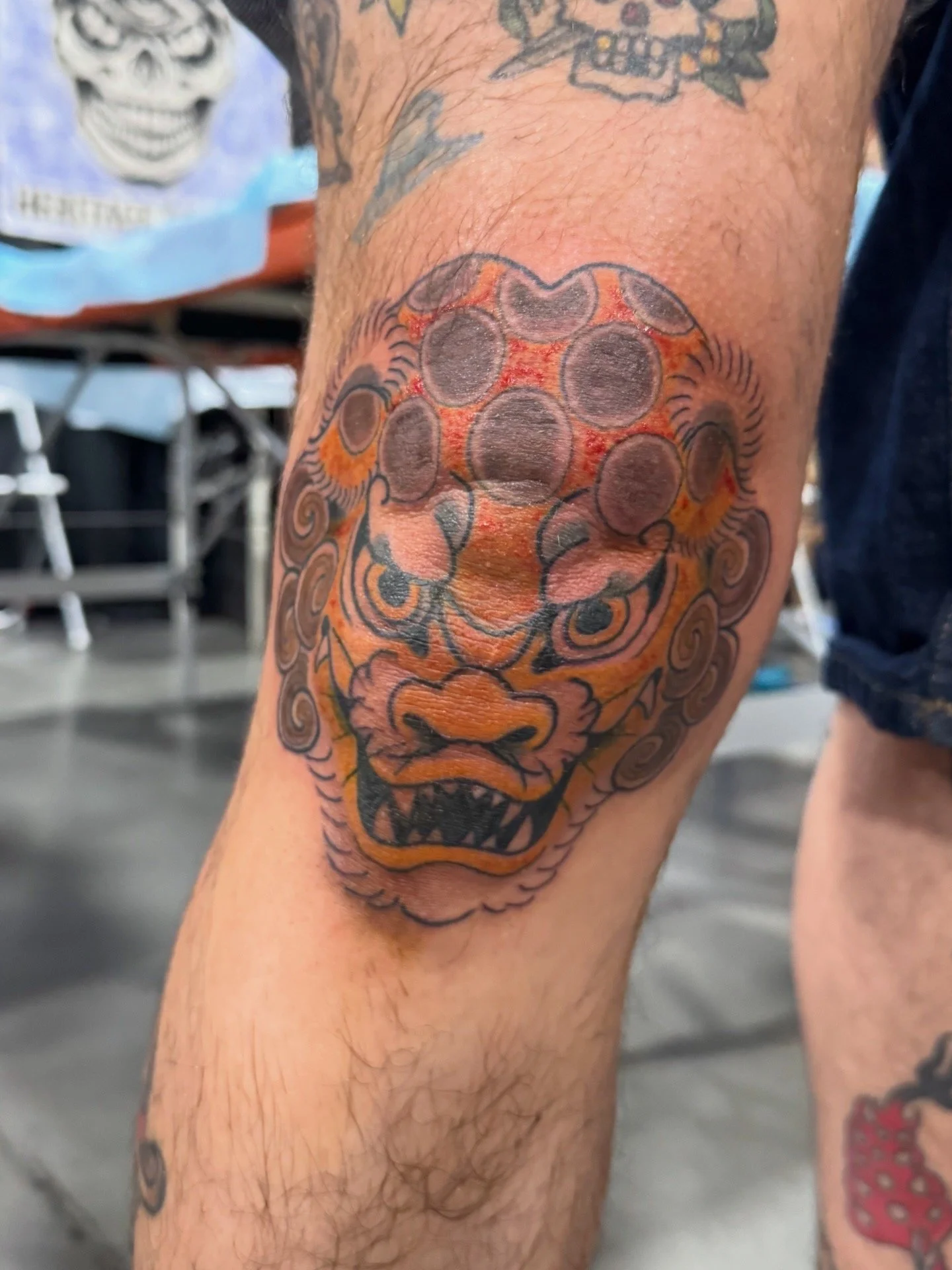 Fu dog, Tattoo kneecap full color irezumi Japanese style Tattoo, Las Vegas, Vegas