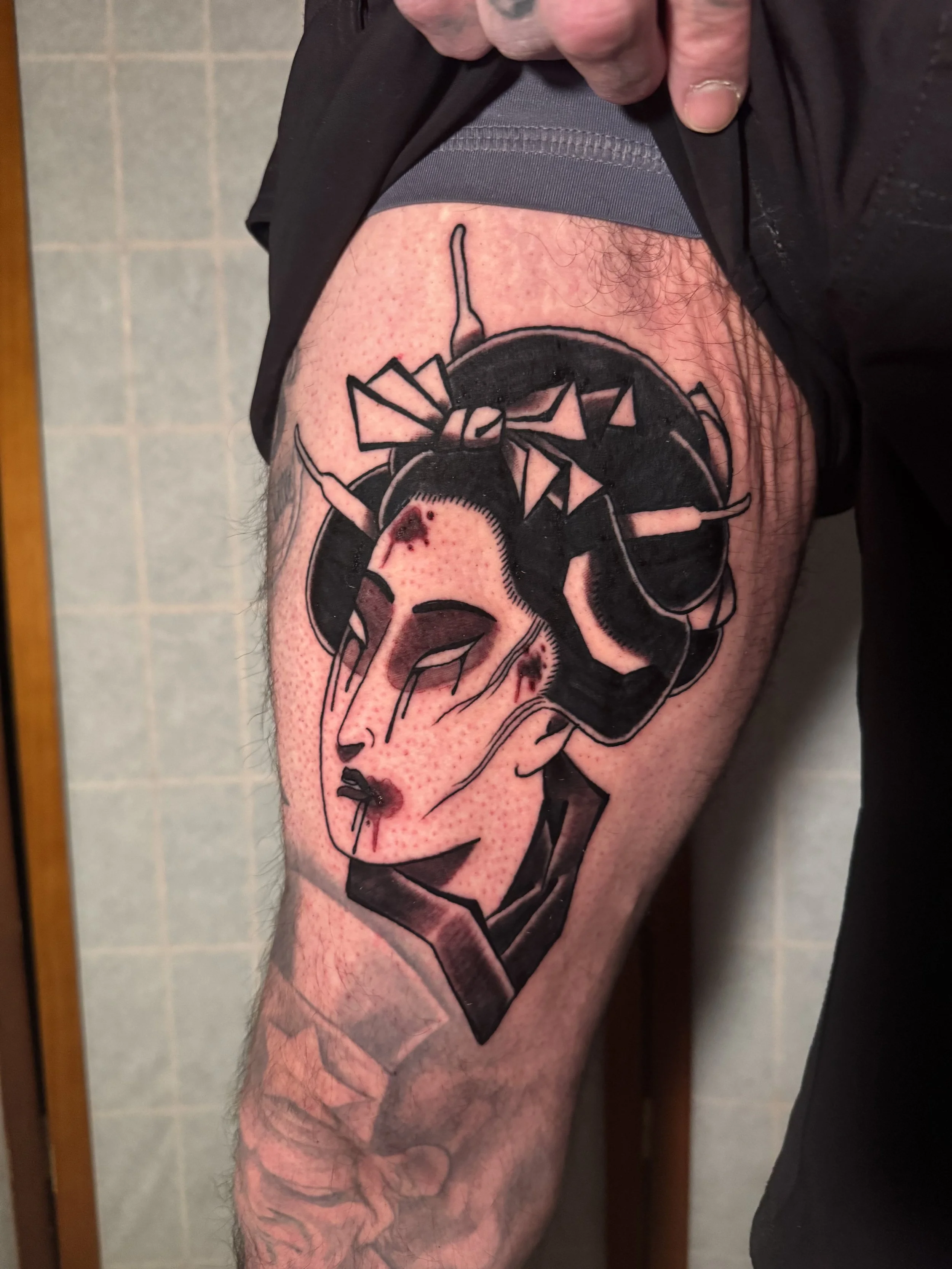 Japanese style Tattoo Geisha namakubi severed head, dark art, black Work, black and gray irezumi tattoo