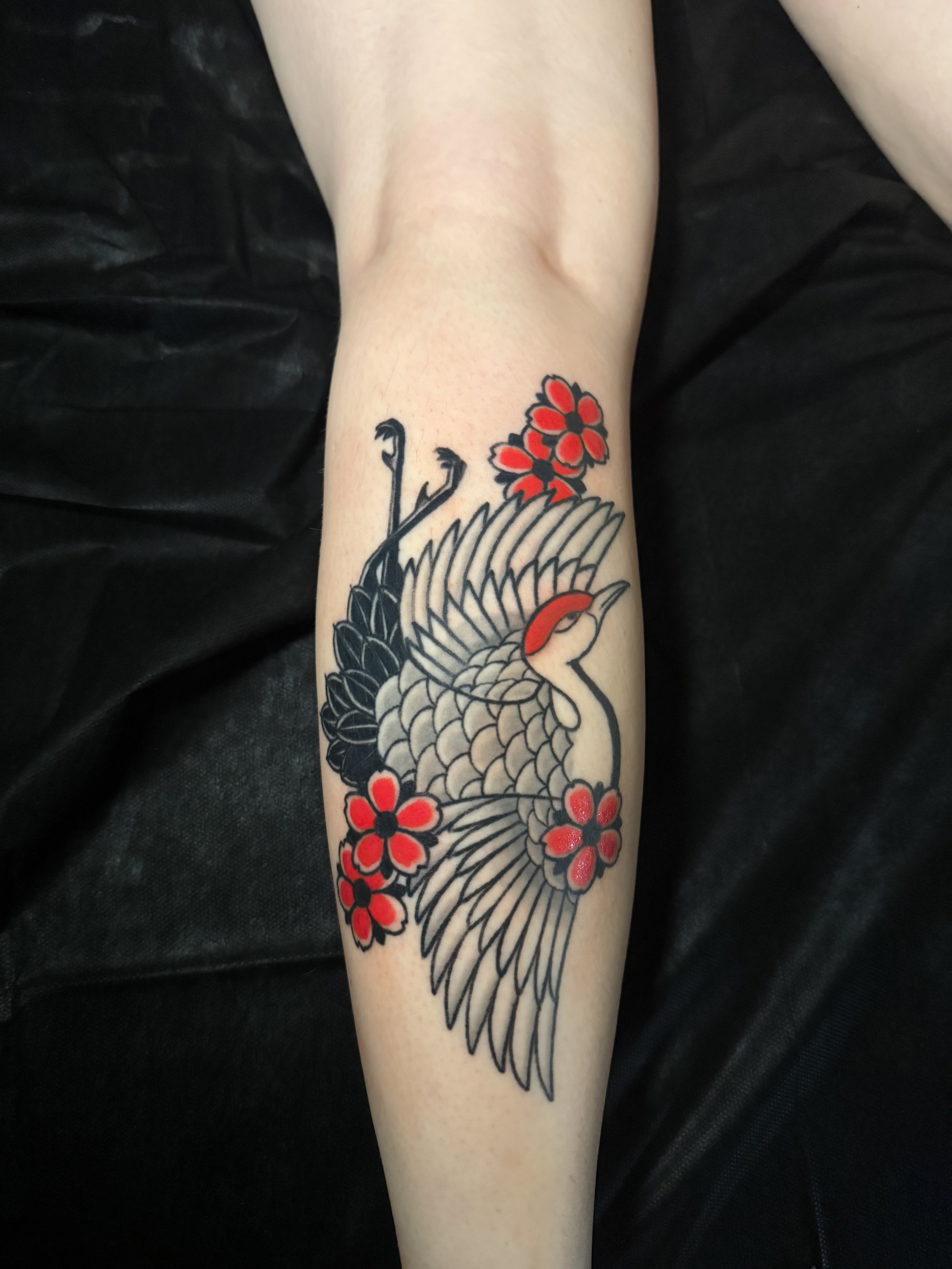 Japanese style Tattoo Las Vegas crane Bird with cherry blossom flowers
