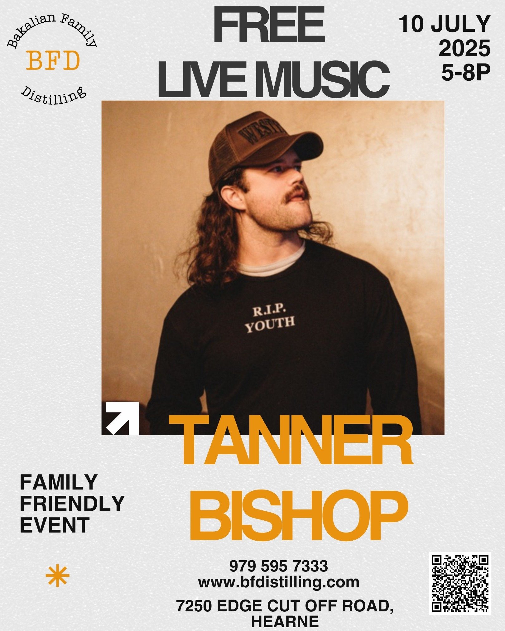 Join us for our family-friendly live music event featuring Texas local @tannerbbishop .
Bring a friend (or 3) and spend the evening listening to Tanner's distinct voice and emotionally grounded lyrics. You won't want to miss this event!
🕑 5-8pm
?