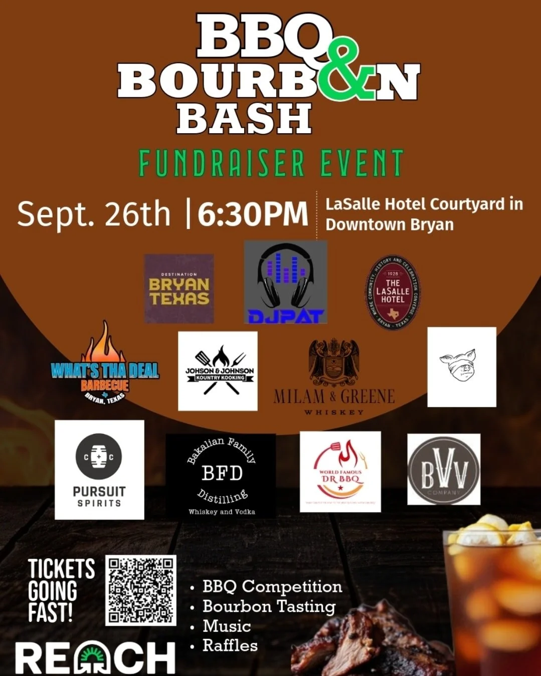 Join us tonight for BBQ Bourbon Bash at @lasallehotel_ We'll be offering tastings and you'll be supporting @txreachproject . Buy your tickets now!
📅 Saturday, September 26
📍120 S Main Street, Bryan
🕐 6.30pm
➡️ https://agsreach.networkforgood.com