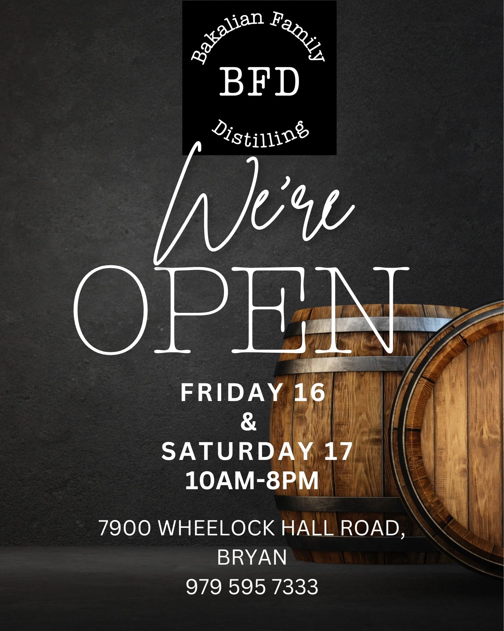 Slightly modified opening hours due to high demand of our product and employees nationwide 😉

📅Friday 16 &amp; Saturday 17
📍7900 Wheelock Hall Road, Bryan
🕑 10am-8pm
📞 979 595 7333