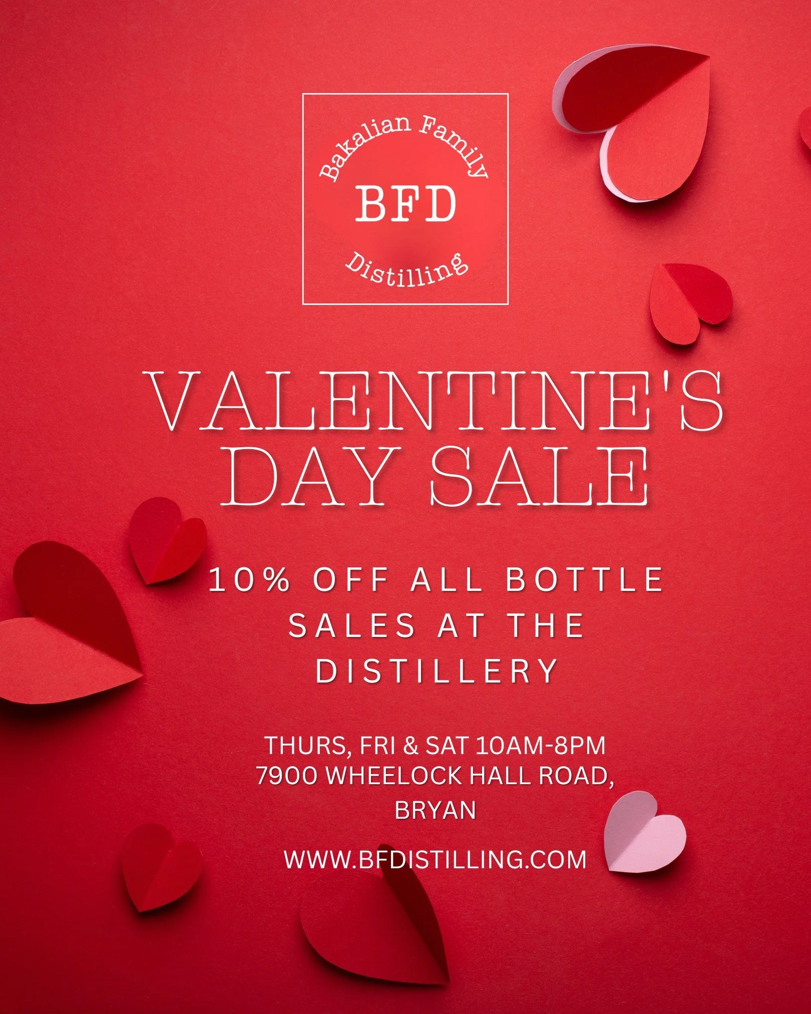 BFD + YOU = ❤

Take advantage of our quiet, out of town location and spend Valentine's Day with your true love ... BFD. Today we are offering 10% off bottle sales at the distillery.

PS Come and wish our main man, Nick a Happy Birthday 🥳

📆 12, 13 