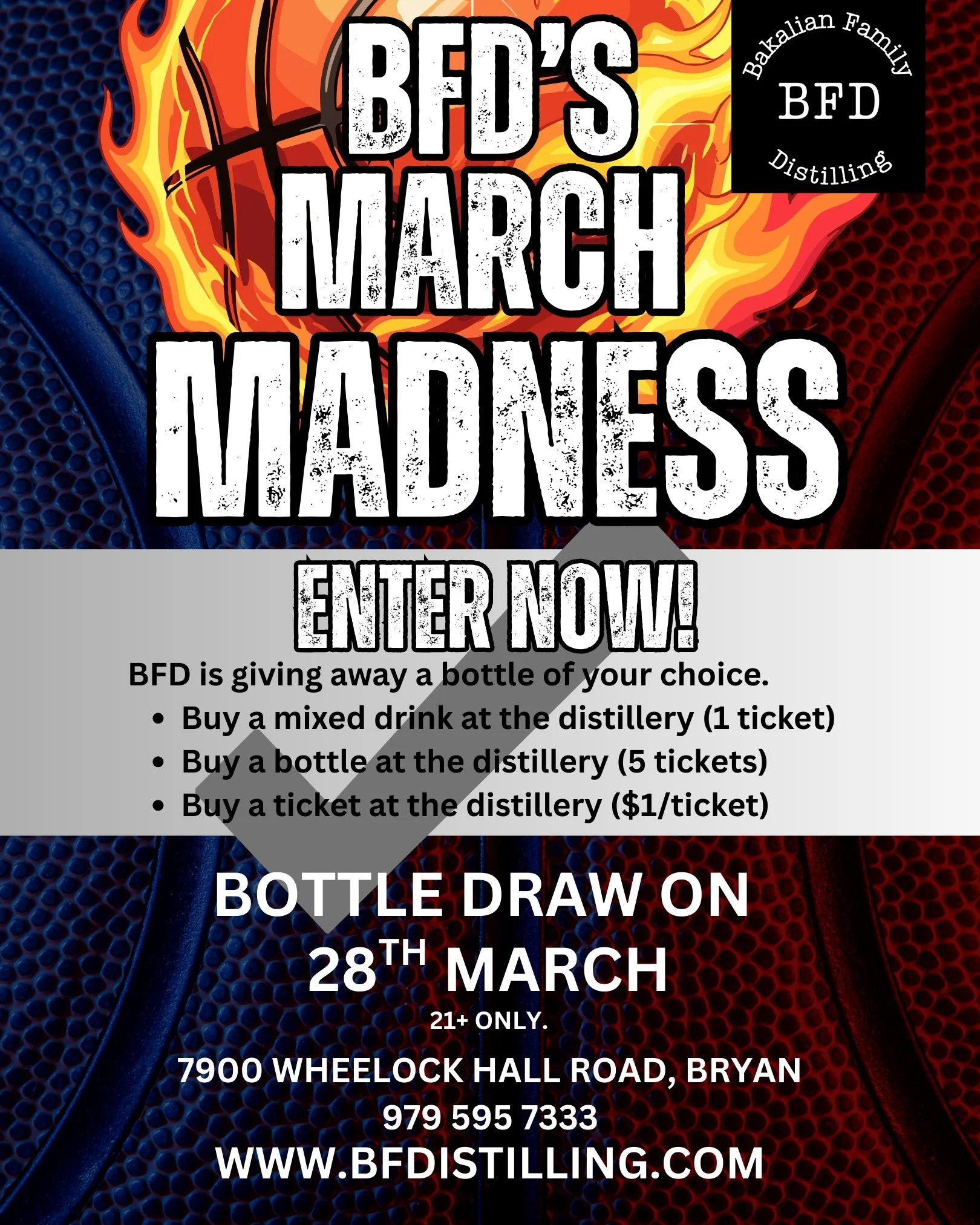 BFD's March Madness starts tomorrow🏀

To enter:
✅ Buy a mixed drink from the distillery (1 🎟)
✅Buy a bottle from the distillery (5 🎟)
✅ Buy a ticket from the distillery ($1/ticket)

The winner will win a bottle of their choice from the distillery.