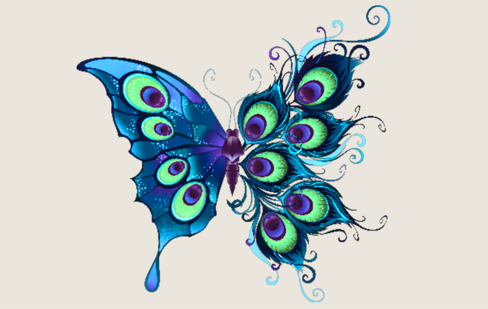 A digitally illustrated butterfly with vibrant blue, purple, and green wing patterns and intricate details on a light background.