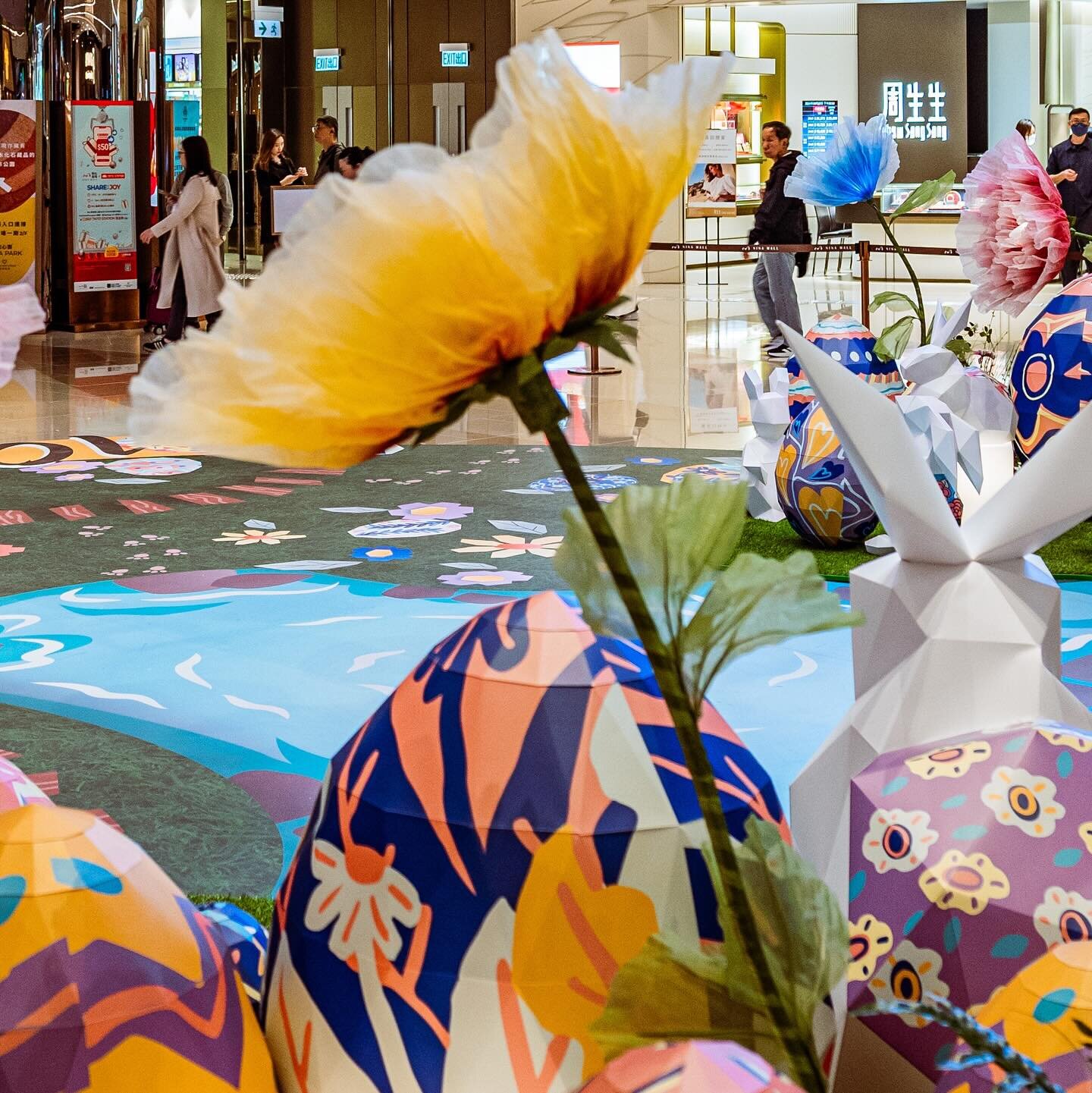 Excited to share our latest work: the Easter decorations @ninamallhk . Our goal is to make at least 60% of the items used for this campaign recyclable. We managed to create the Easter eggs, bunnies, and parts of the tree out of paper cardboard locall