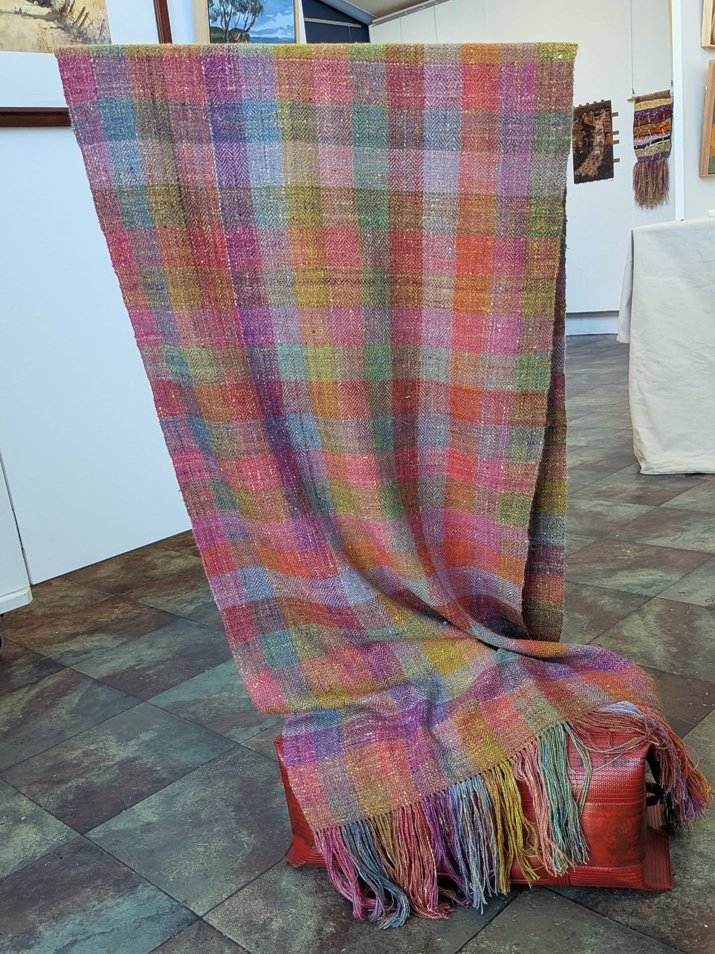 My travelling shawl! Finished in time to be entered in the Blackheath Art Society @bartsbluemountains Easter exhibition (go check it out over the long weekend, these are so many amazing pieces!). 

The display for the art show features my travelling 