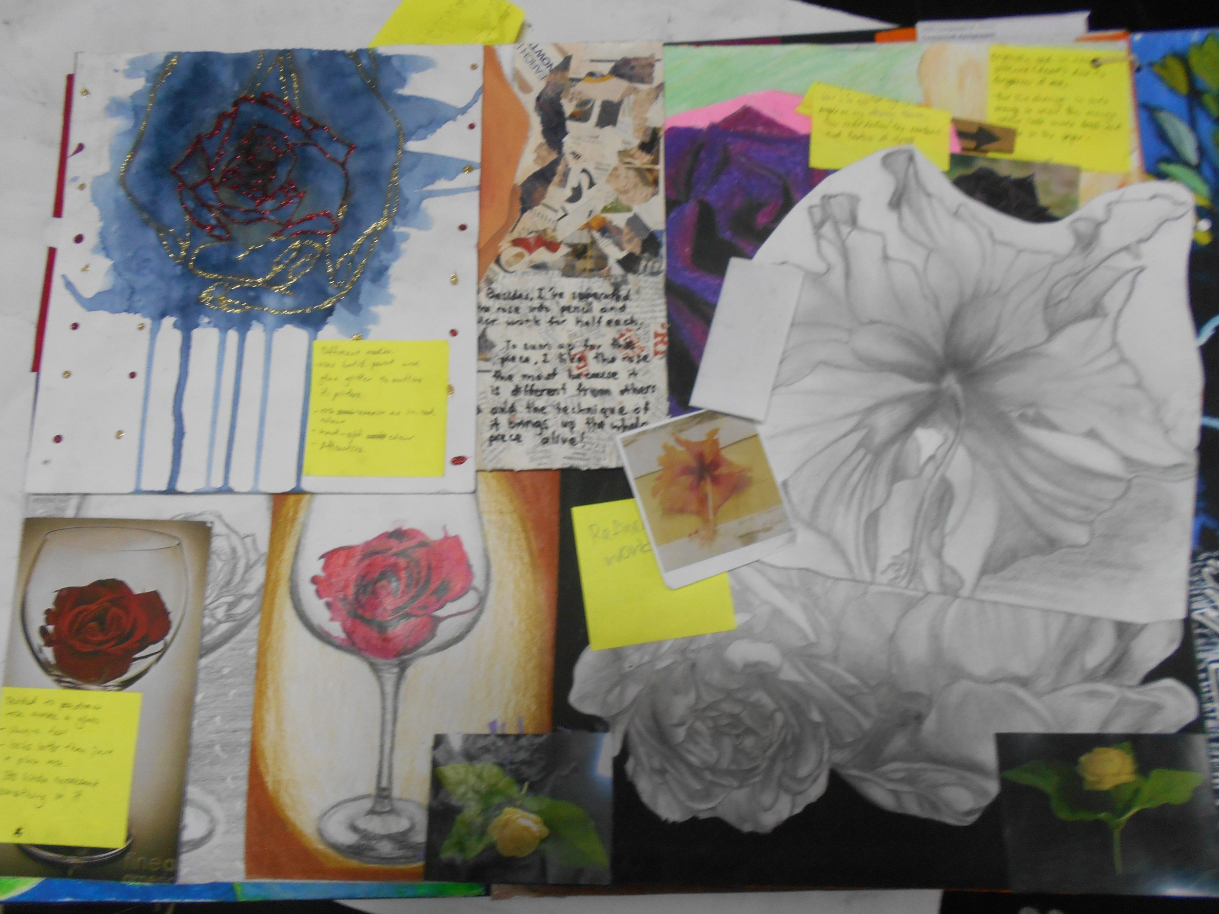 A collage of various artwork and notes, including a watercolor flower with gold and red glitter, a pencil sketch of a flower, a photo of a red rose, and handwritten notes on yellow sticky notes.