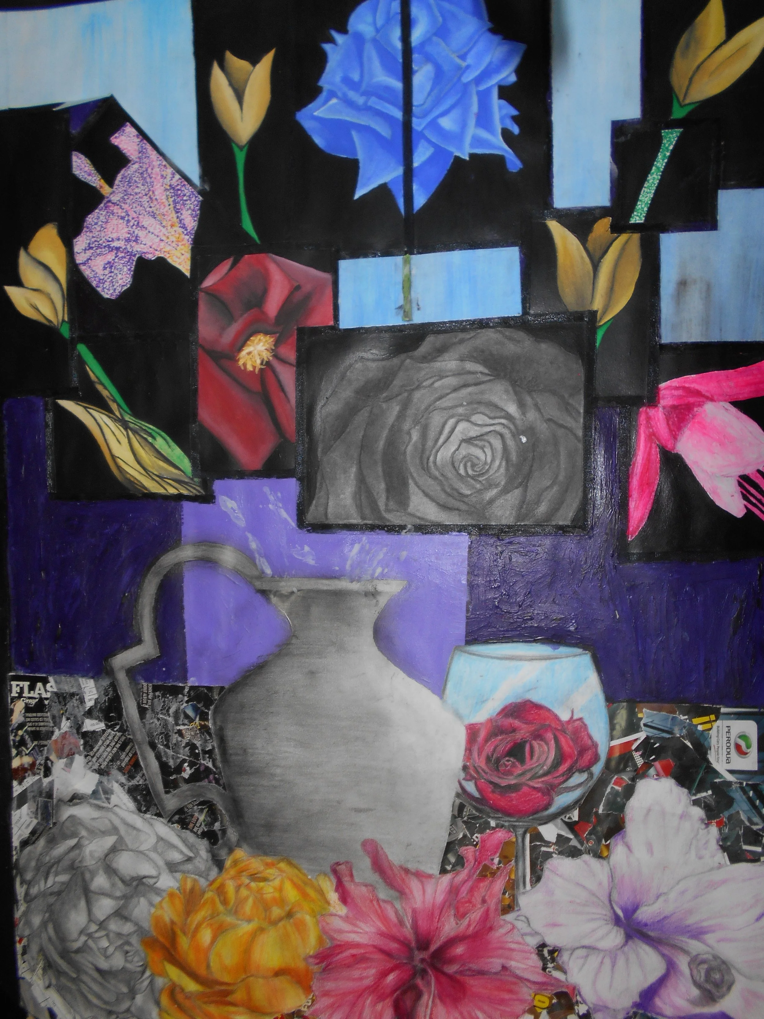 Mixed media artwork featuring colorful flowers, a grayscale vase, a wine glass with a flower inside, and a black and white photograph at the bottom, on a purple and black background.