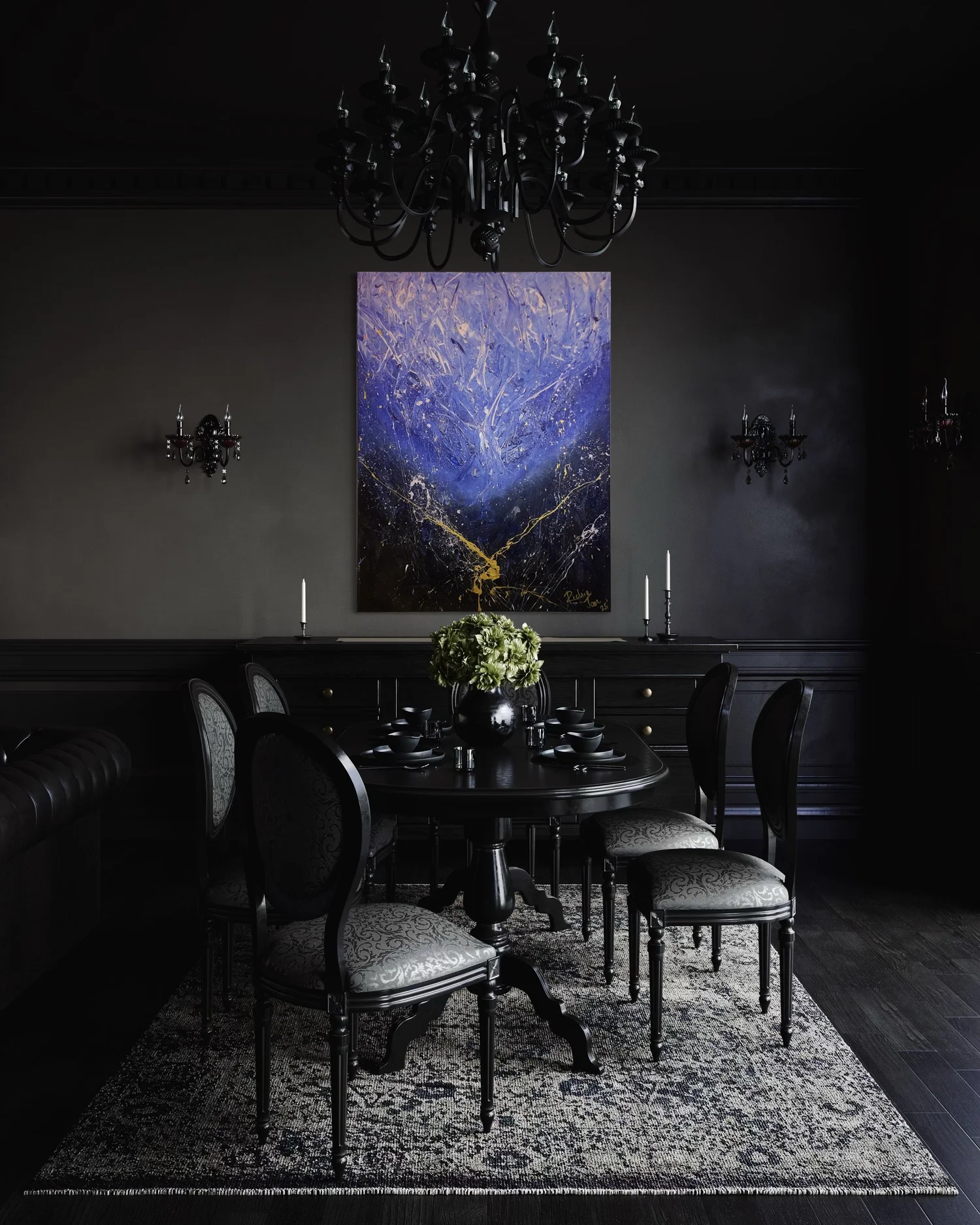 Large abstract blue and gold painting in a dark dining room setting