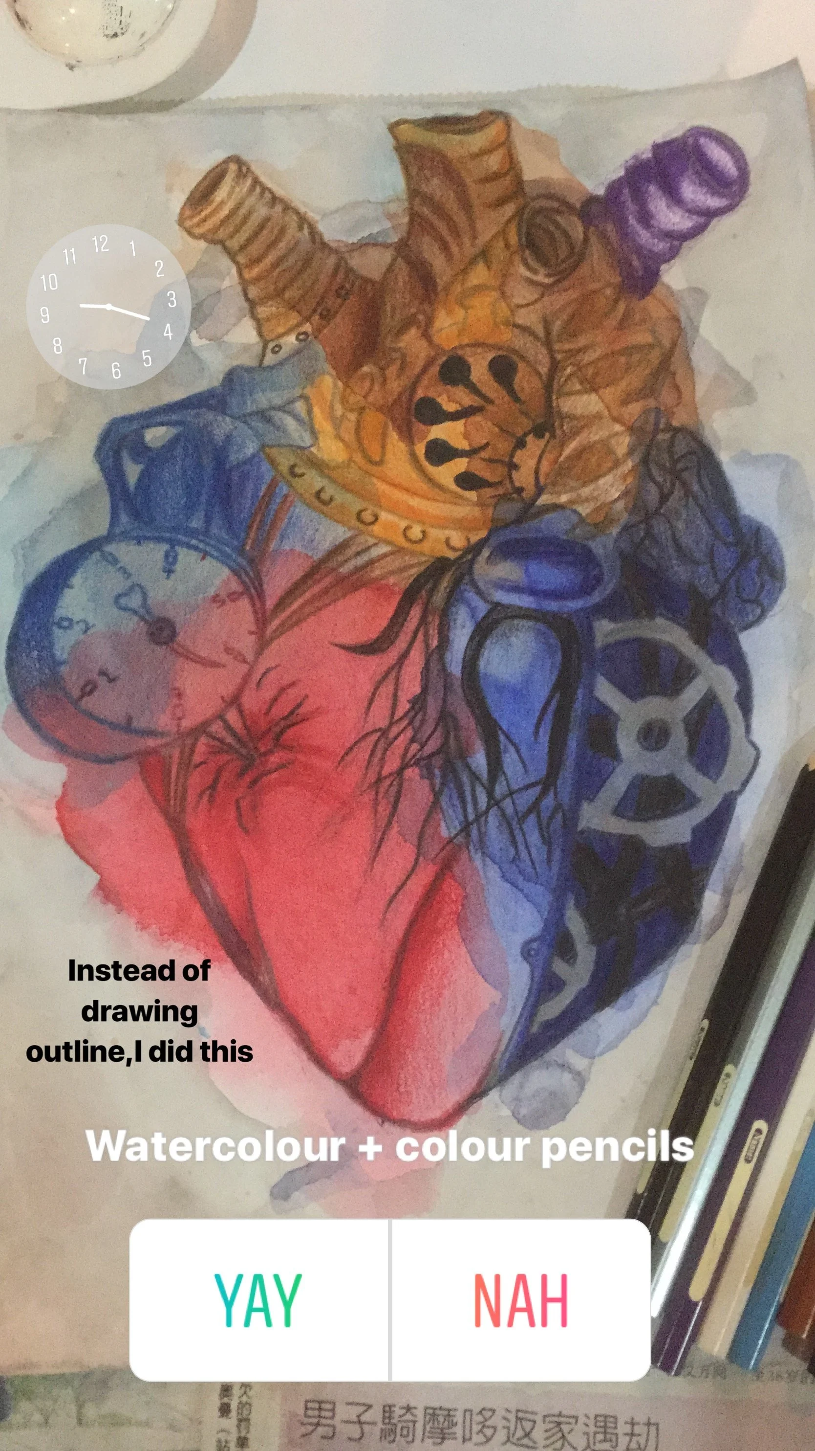 A colorful watercolor and ink drawing of a human heart with mechanical gears and clock faces, inspired by medical and steampunk themes.