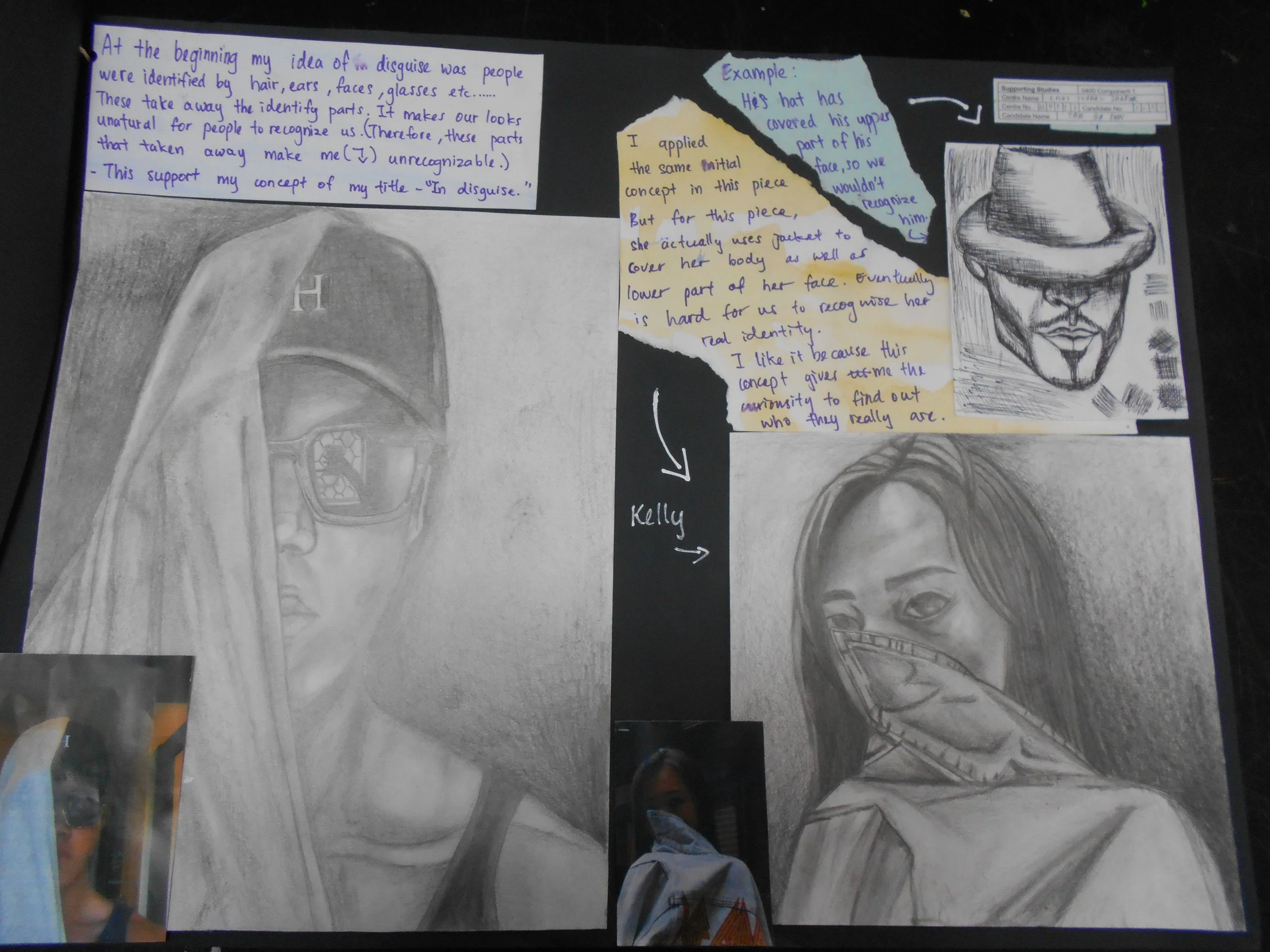 Collage of grey pencil sketches of people, handwritten notes, and small photos. The sketches include a woman wearing sunglasses and a baseball cap, a man with a hat and facial hair, and a woman with long hair covering part of her face. Handwritten no
