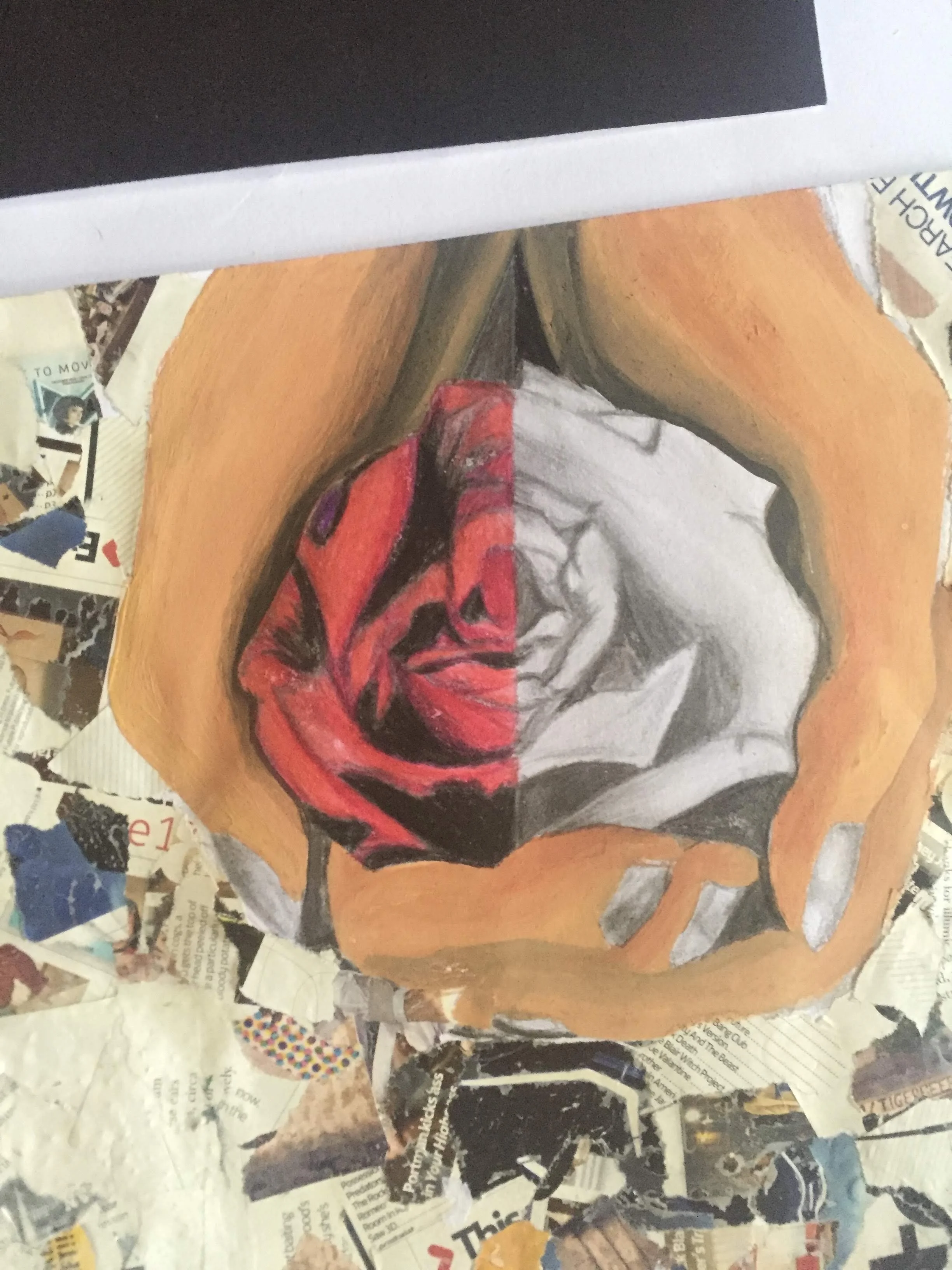 Mixed media artwork of a person's face, divided into a colorful red and black abstract side and a realistic black and white side, surrounded by torn newspaper and magazine collages.