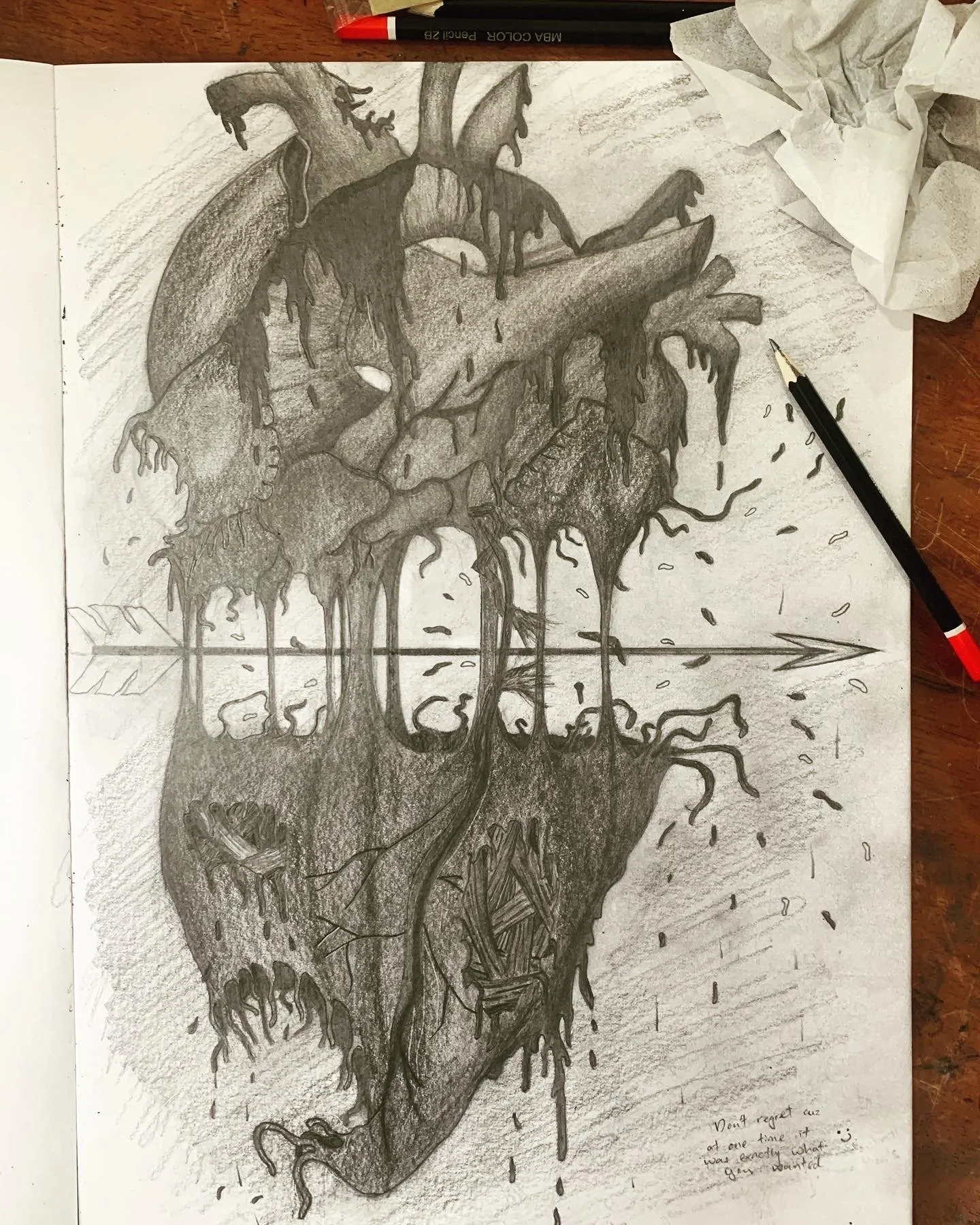A detailed pencil sketch of a realistic human heart with dripping, melting features and roots extending downward, combined with a landscape scene on the upper part of the heart. There is an arrow pointing to the right through the center of the drawin