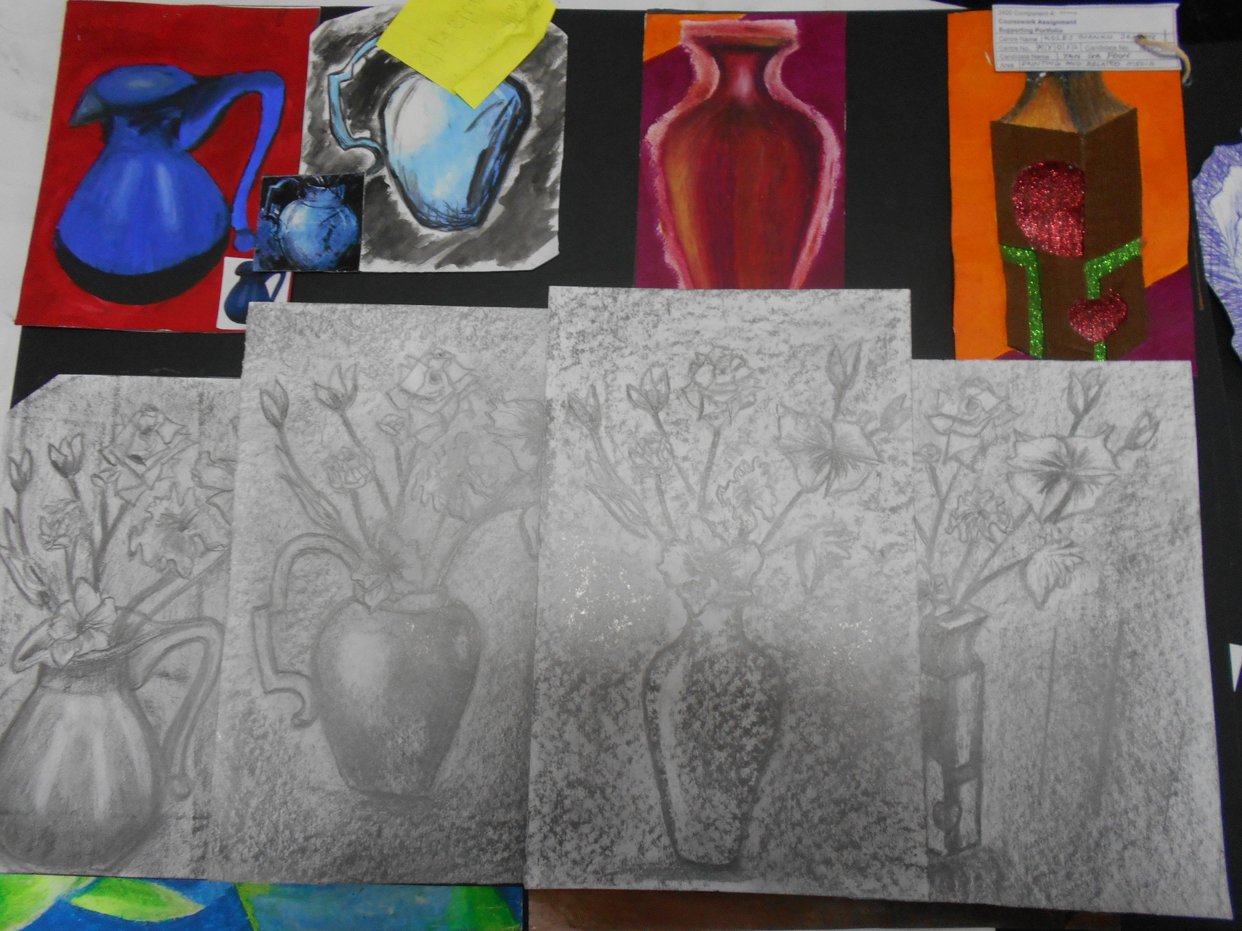 Various artworks, including colorful paintings of vases, and black-and-white pencil sketches of similar vase arrangements with flowers.