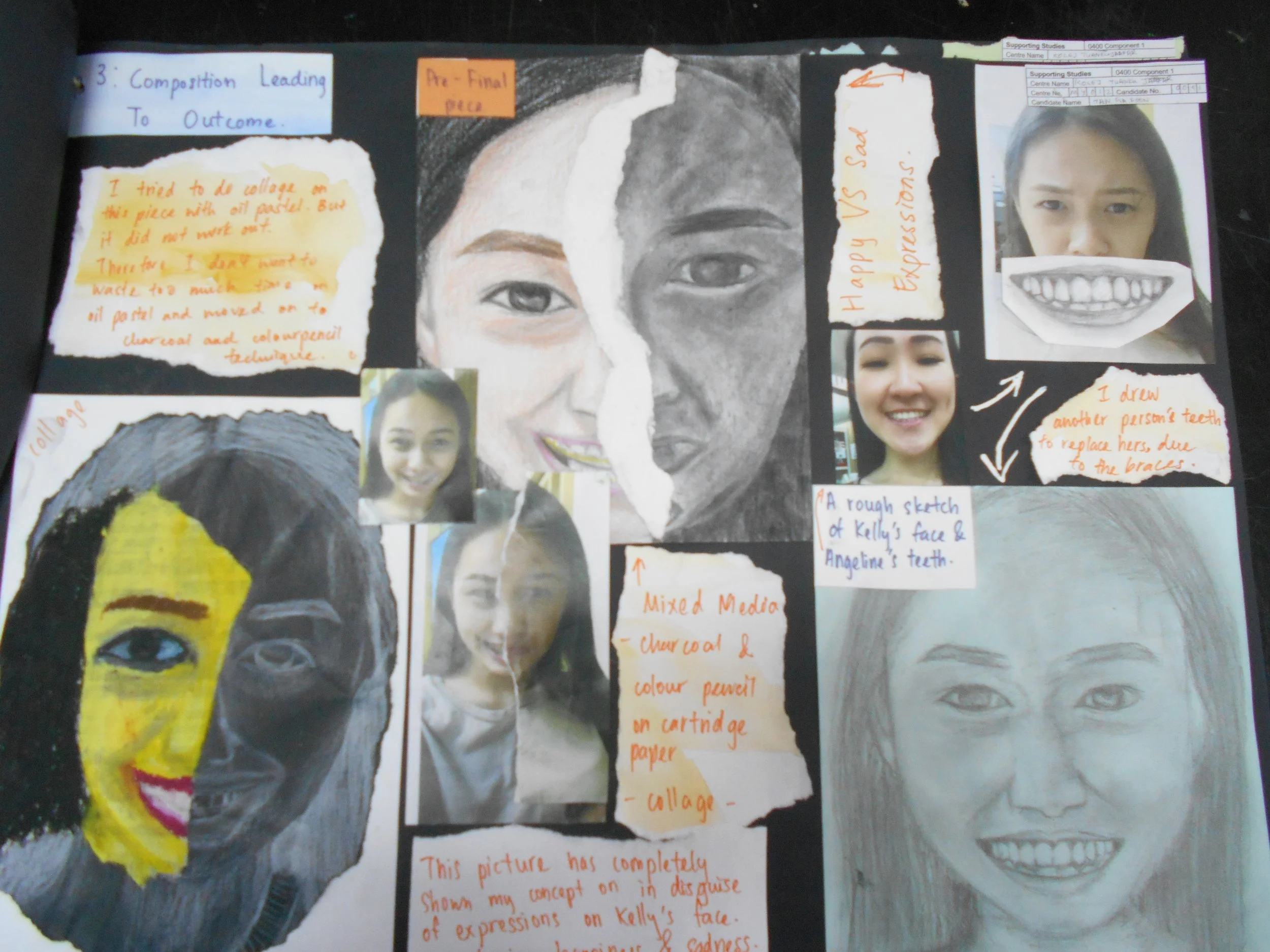 A collage of various facial sketches, photographs, and handwritten notes about creating a portrait. The central focus is a face divided into a photo and a charcoal drawing, with several smaller images and notes surrounding it.