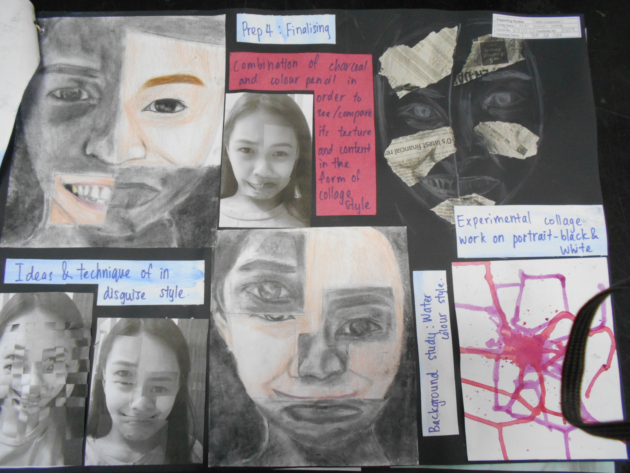 A collage project consisting of various portrait drawings, photographs, and mixed media art. The collage includes a colored pencil portrait of a smiling woman, a black-and-white series of sketches, a pixelated black-and-white photo, a printed photo o