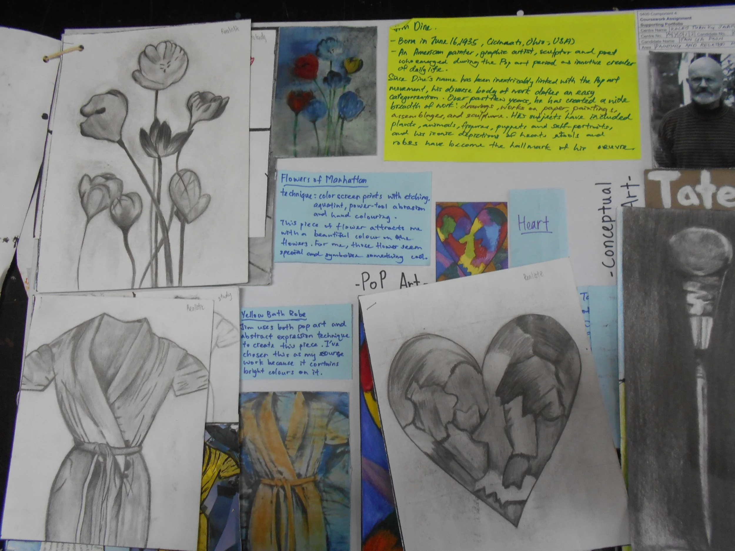 Collection of art sketches, notes, and paintings on a bulletin board, including black and white pencil sketches of flowers and a robe, and colorful artwork with handwritten descriptions.