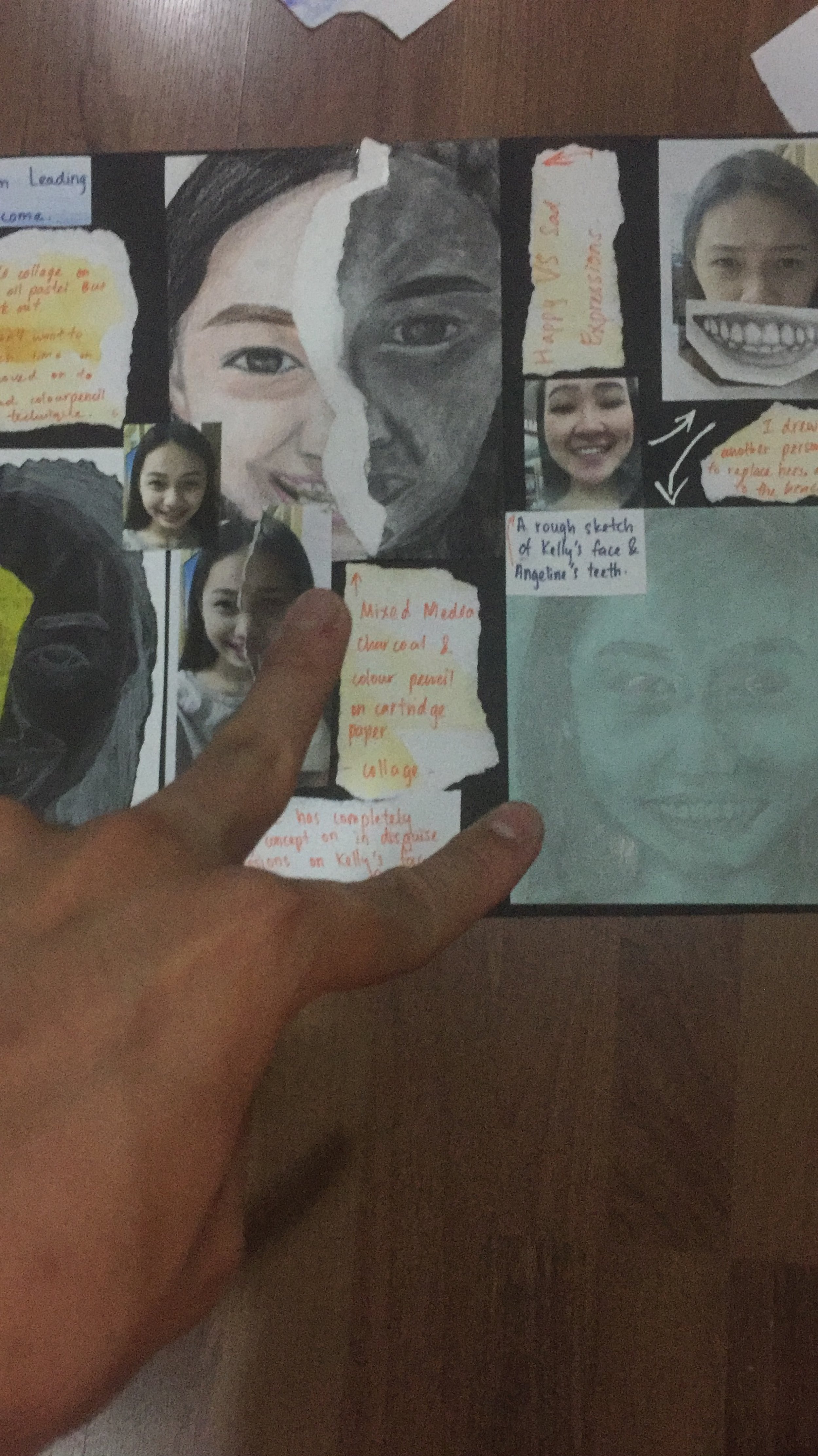 A collage of photos and drawings of two women's faces, plus handwritten notes and descriptions about the artwork, on a dark background.