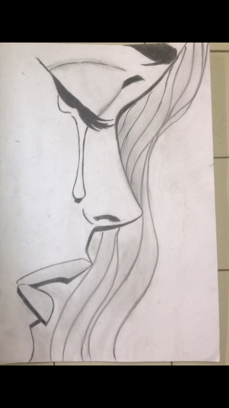 A black and white drawing of a woman's face in profile with closed eyes, parted lips, and long flowing hair.