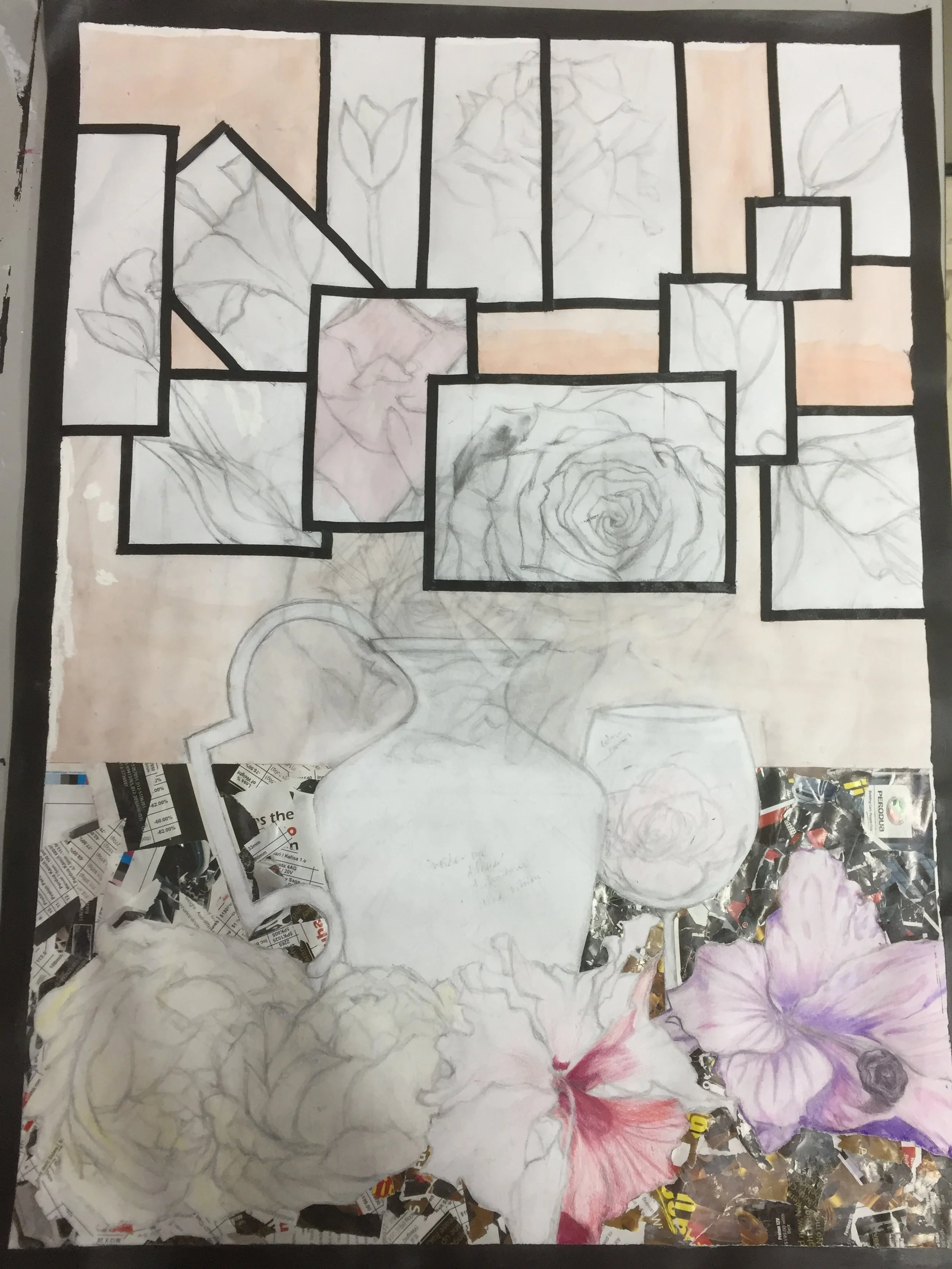 An art project in progress with a mixed media collage featuring color pencil sketches of flowers and vases, black outline frames drawing a picture of roses, and a collage of torn magazine pages as the background.