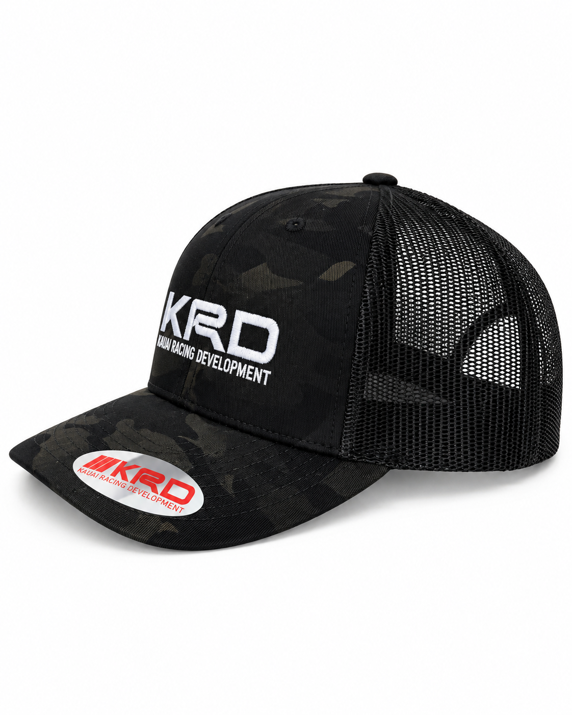 Embroidered black camo white KRD hat side .png