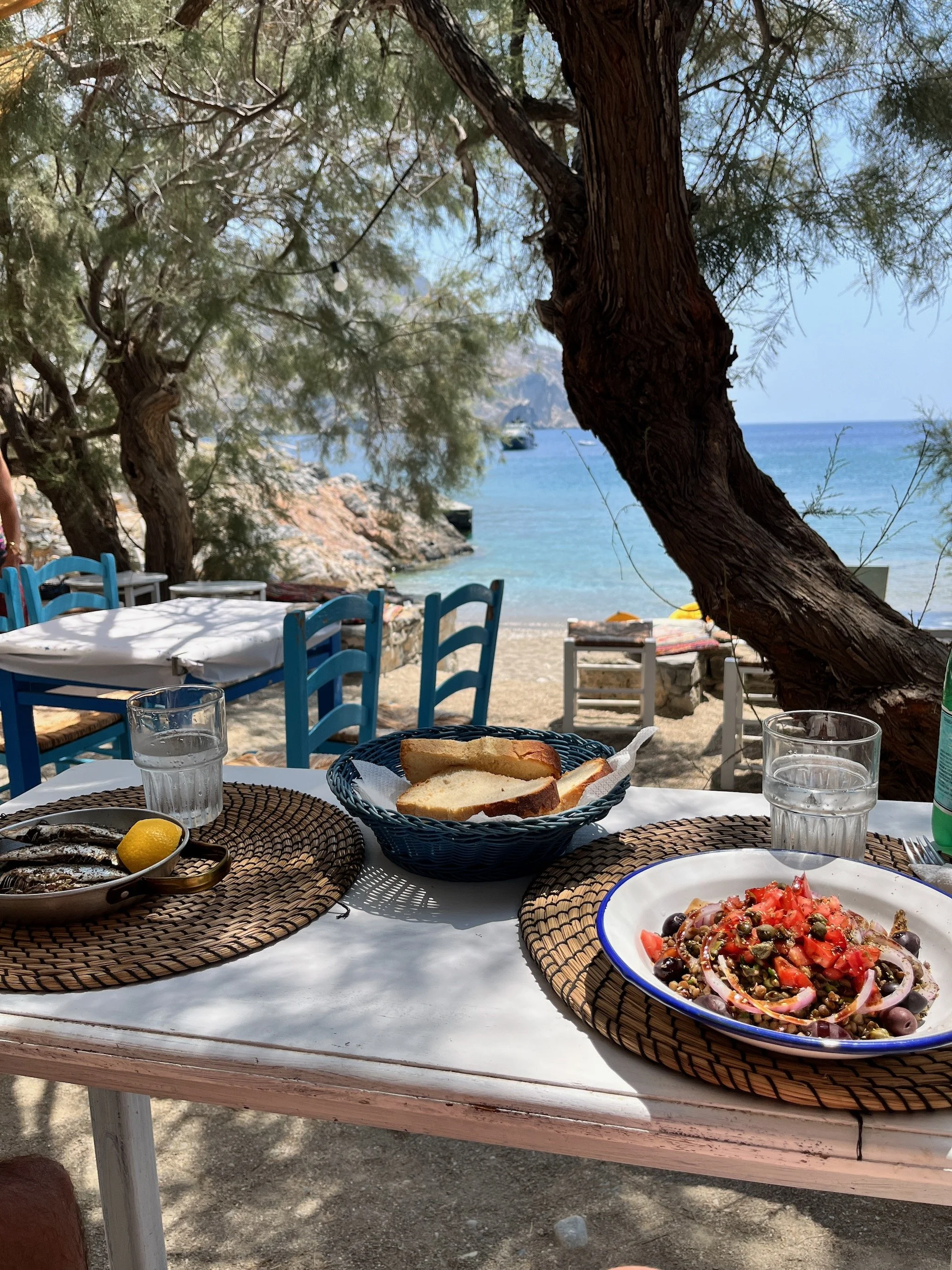 Beachside restaurant table in the Cyclades, Greece, highlighting the Mediterranean diet with a seafood dish, bread, and drinks under a tree, with the Aegean Sea and rocky shore in the background.