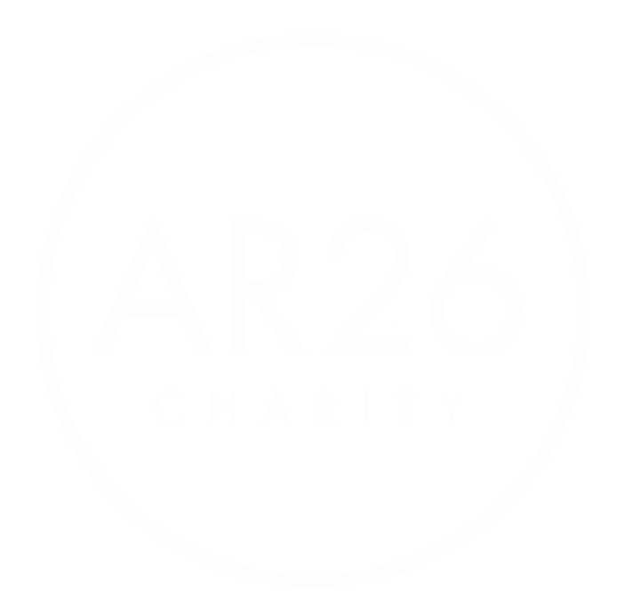 Black and white logo featuring a dancing woman and the words 'ART 6 CHARITY' inside a circular border.