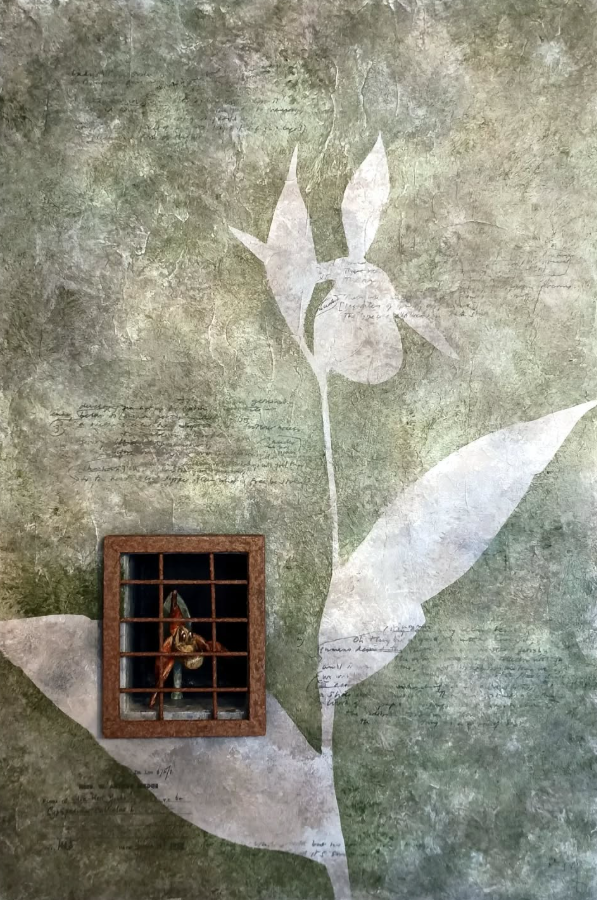 Image of sculpture by Mark Butler showing bronze orchid and text by Nancy Campbell