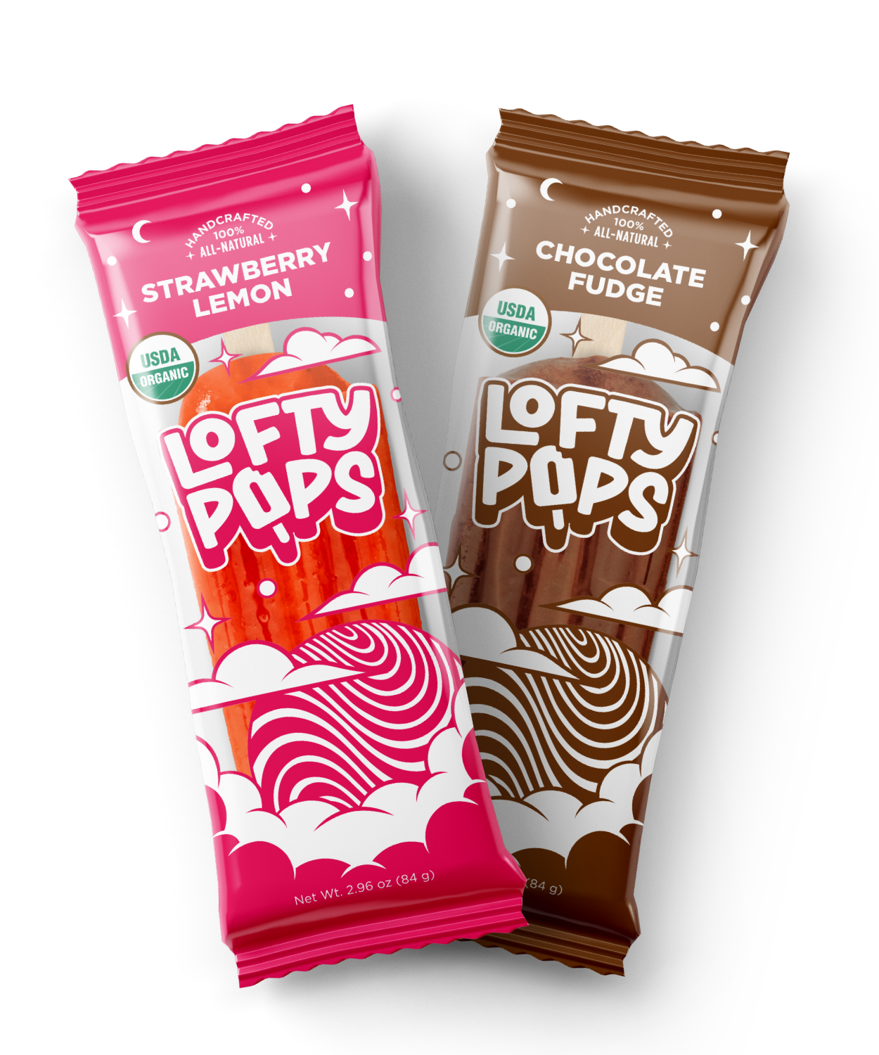 Two Lofty Pops ice pop packages with one Strawberry Lemon flavor and one Chocolate Fudge flavor against a blank background.