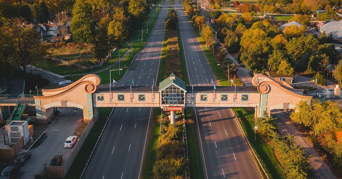 An aerial view of the Toledo Zoo pedestrian bridge with houses and trees on both sides, during autumn.