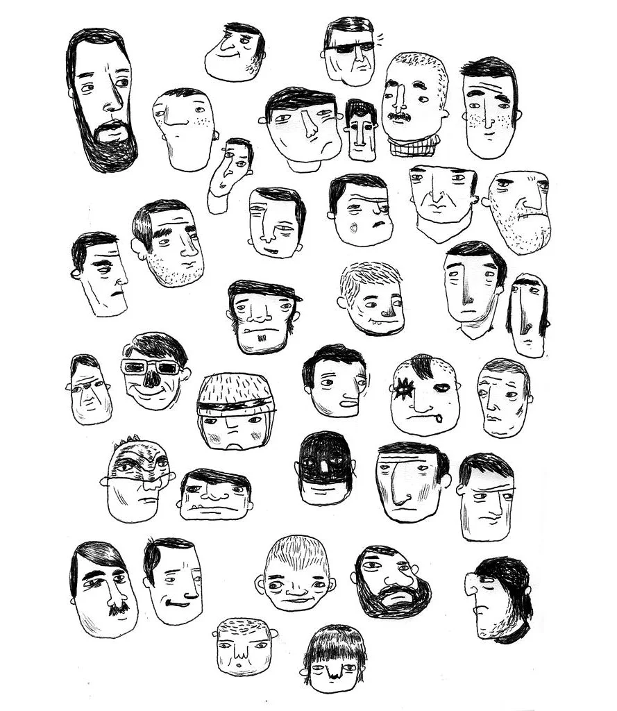 A collection of various hand-drawn cartoon-style faces with different expressions and features.
