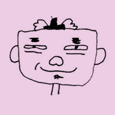 A simple, hand-drawn cartoon face with a smirk, small eyes, a nose, and ears on each side, on a light pink background.