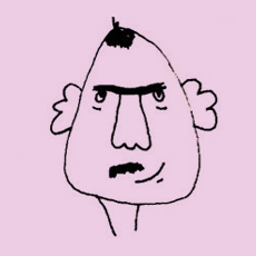 A simple hand-drawn cartoon face of a person with spiky hair, thick eyebrows, a large nose, and a slightly frowning expression on a light pink background.