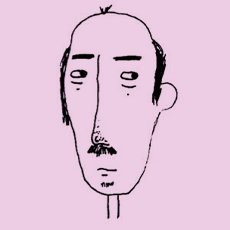 Minimalist line drawing of a man's face with a mustache and short hair on a light pink background.