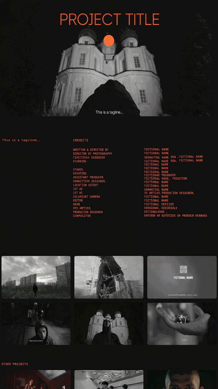 A film project presentation slide with a background image of a castle-like building and a person in the foreground. The slide contains project title, tagline, credits, and images from related scenes, including cityscapes, people, and close-up shots, with a dark theme and orange text.