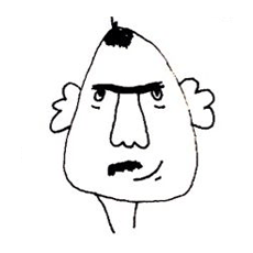 Line drawing of a cartoon face with a pointed hairstyle, arched eyebrows, small eyes, a long nose, and a slightly open mouth.