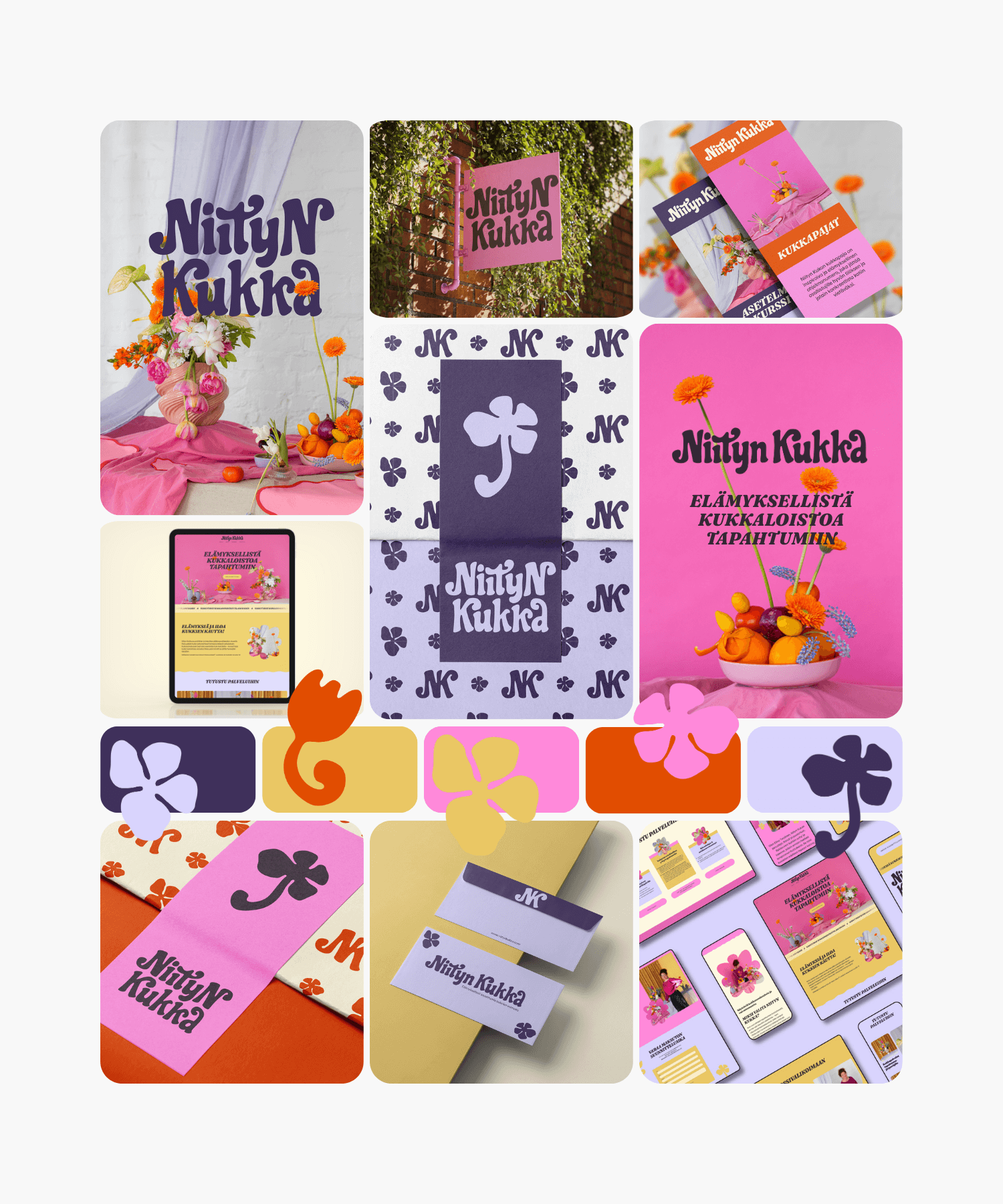 Kollaasi erilaisia kukkain ja kukkabrändin, NityN Kukkas, markkinointi- ja tuotemateriaaleista. Mukana ovat kukkakimppu, mainosjulisteet, tarroja, kortteja ja digitaalisia esityksiä.