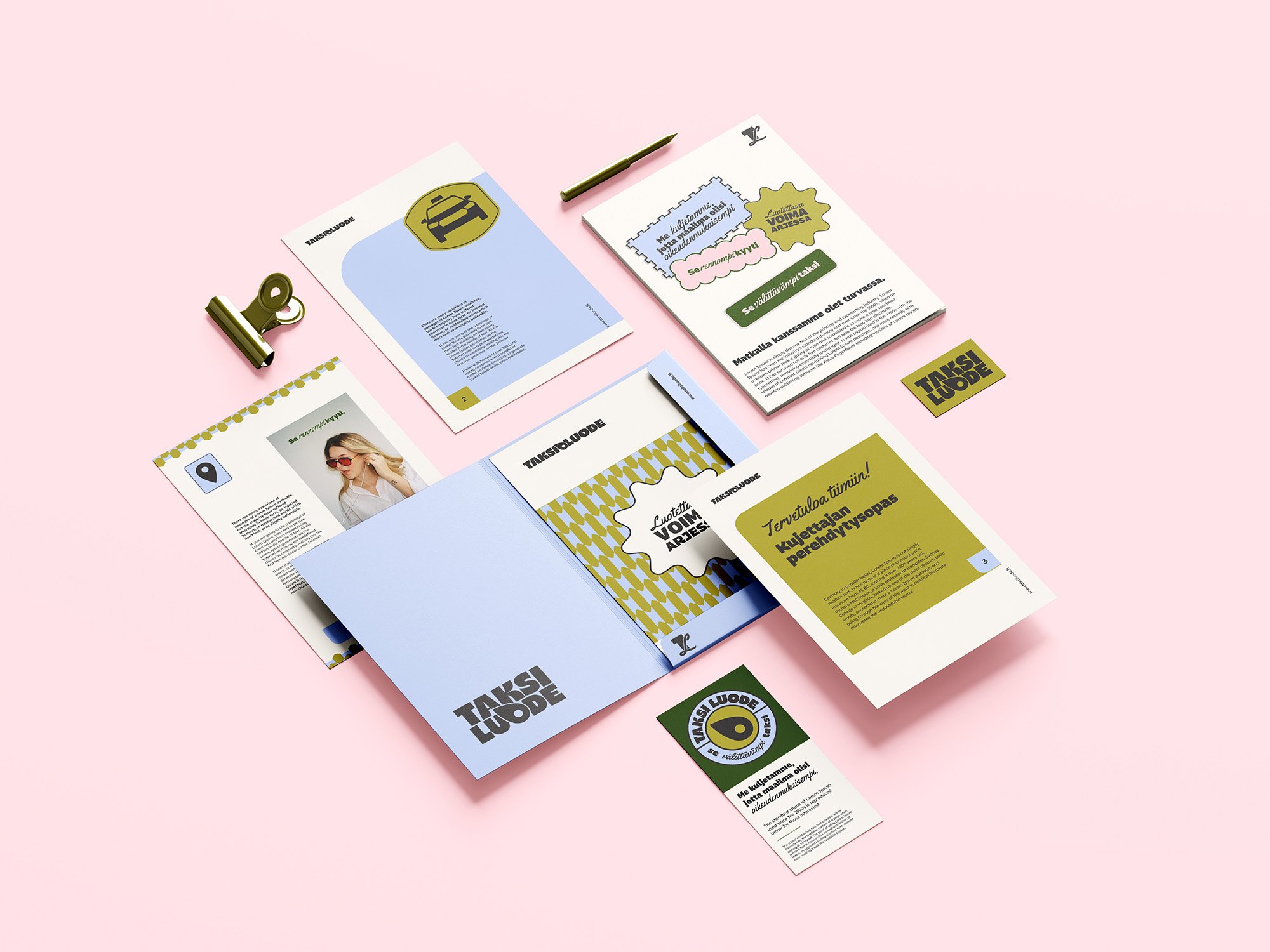 Brändi-ilme printtimateriaaleissa; esitteet, käyntikortit, kansiot