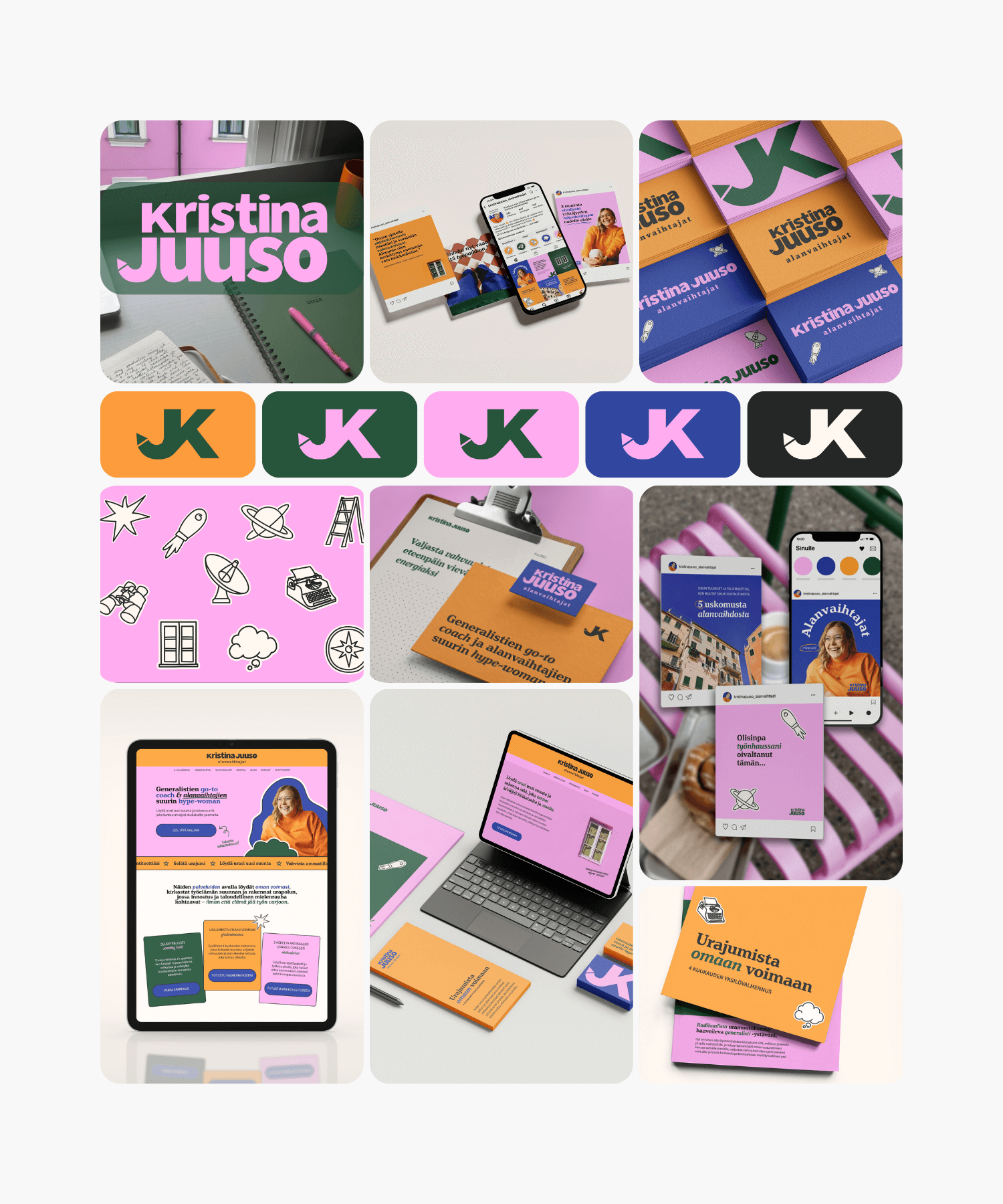Kollaasi Kristina Juuso -brändätyistä materiaaleista ja tuotteista, kuten kirjoista, digitaalisista näytöistä ja markkinointimateriaaleista.