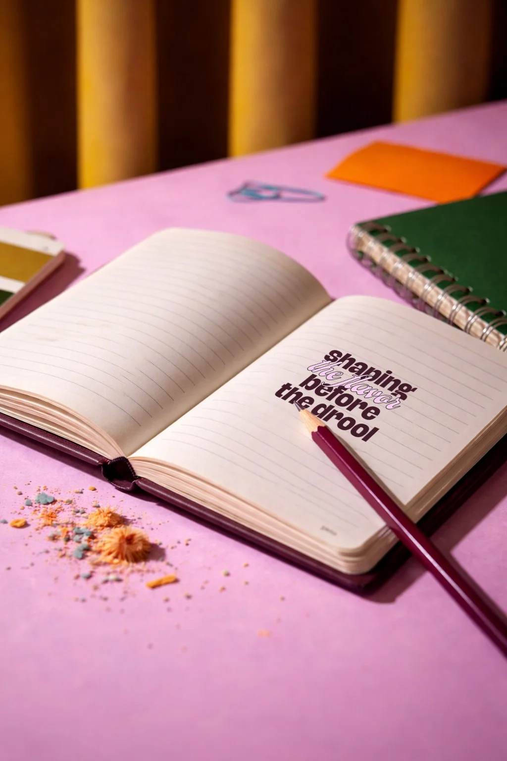 Muistivihko työpöydällä herkullisen värikkäässä asetelmassa