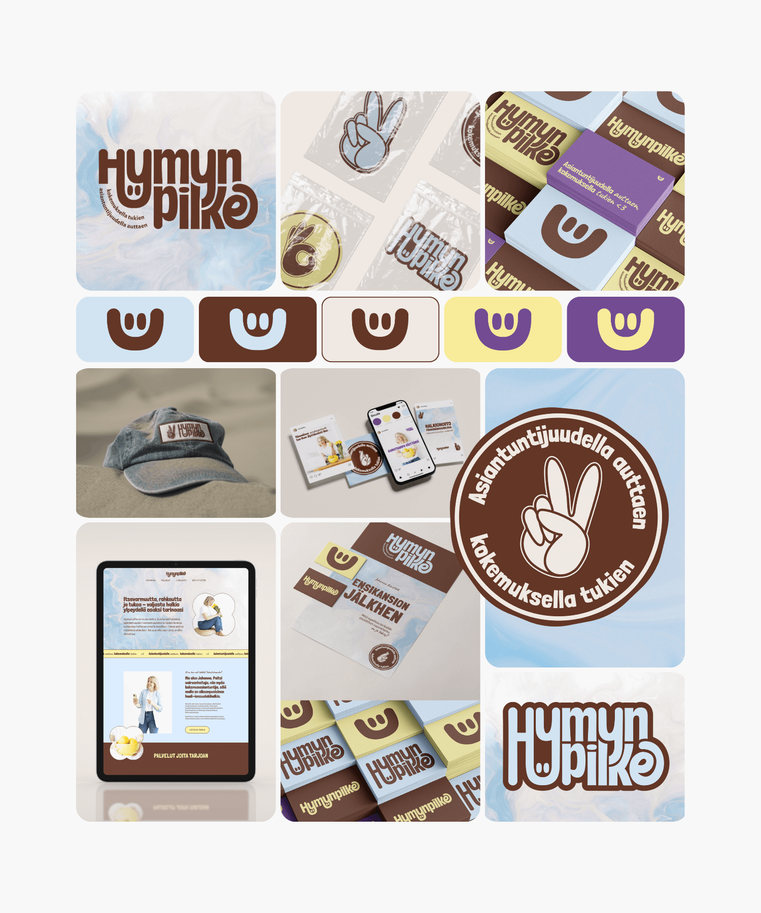 Kuvassa kooste Hymynpilke yrityksen brändi-ilmeestä ja sen sovelluksista käytäntöön.