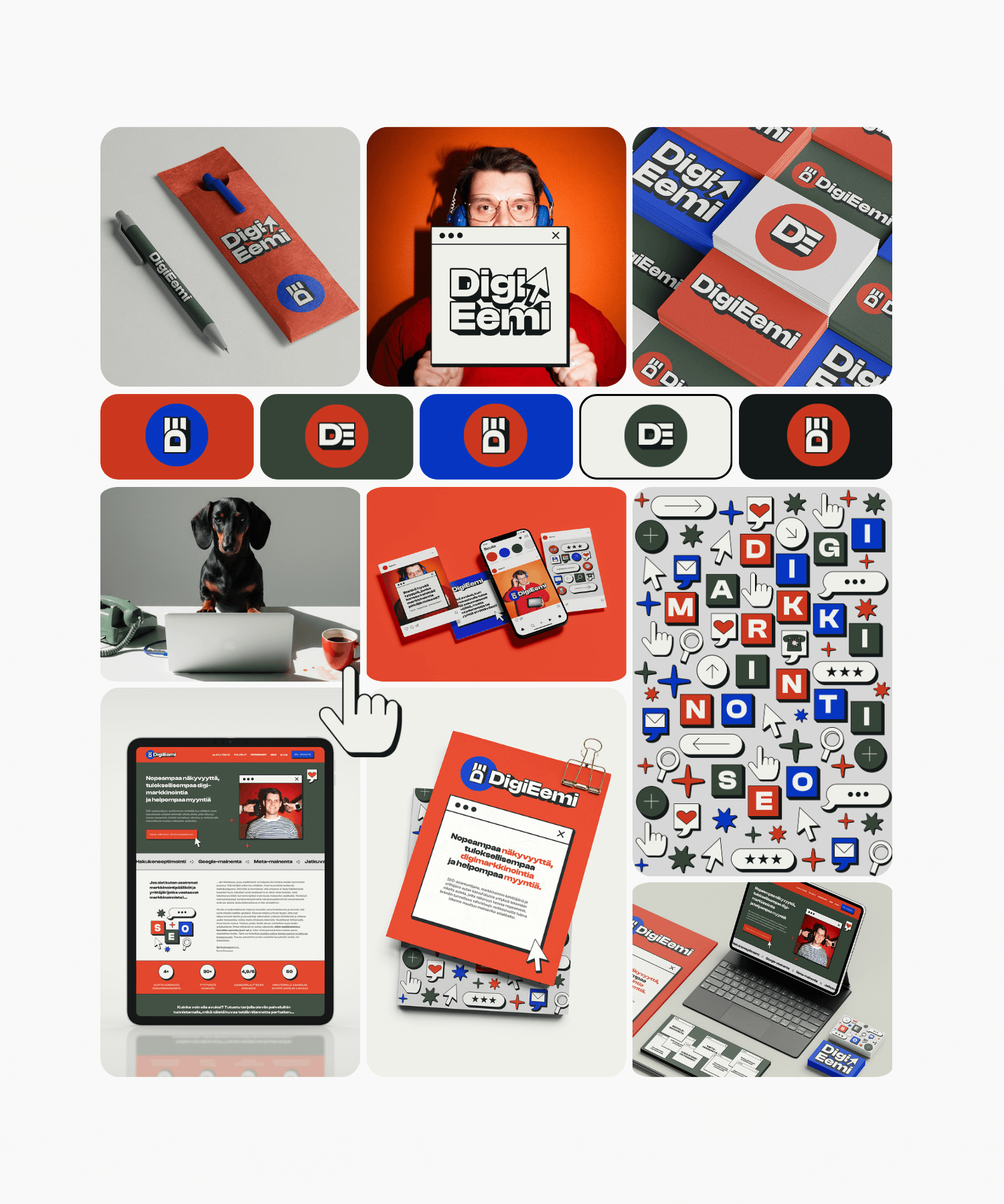 Monipuolinen digitaalisen markkinoinnin ja teknologian kuvakollaasi, sisältää tekoäly-, sosiaalinen media-, visuaalinen sisältö- ja brändiviittauksia, sekä erilaisia digitaalisia laitteita, kuten tabletti ja puhelin.
