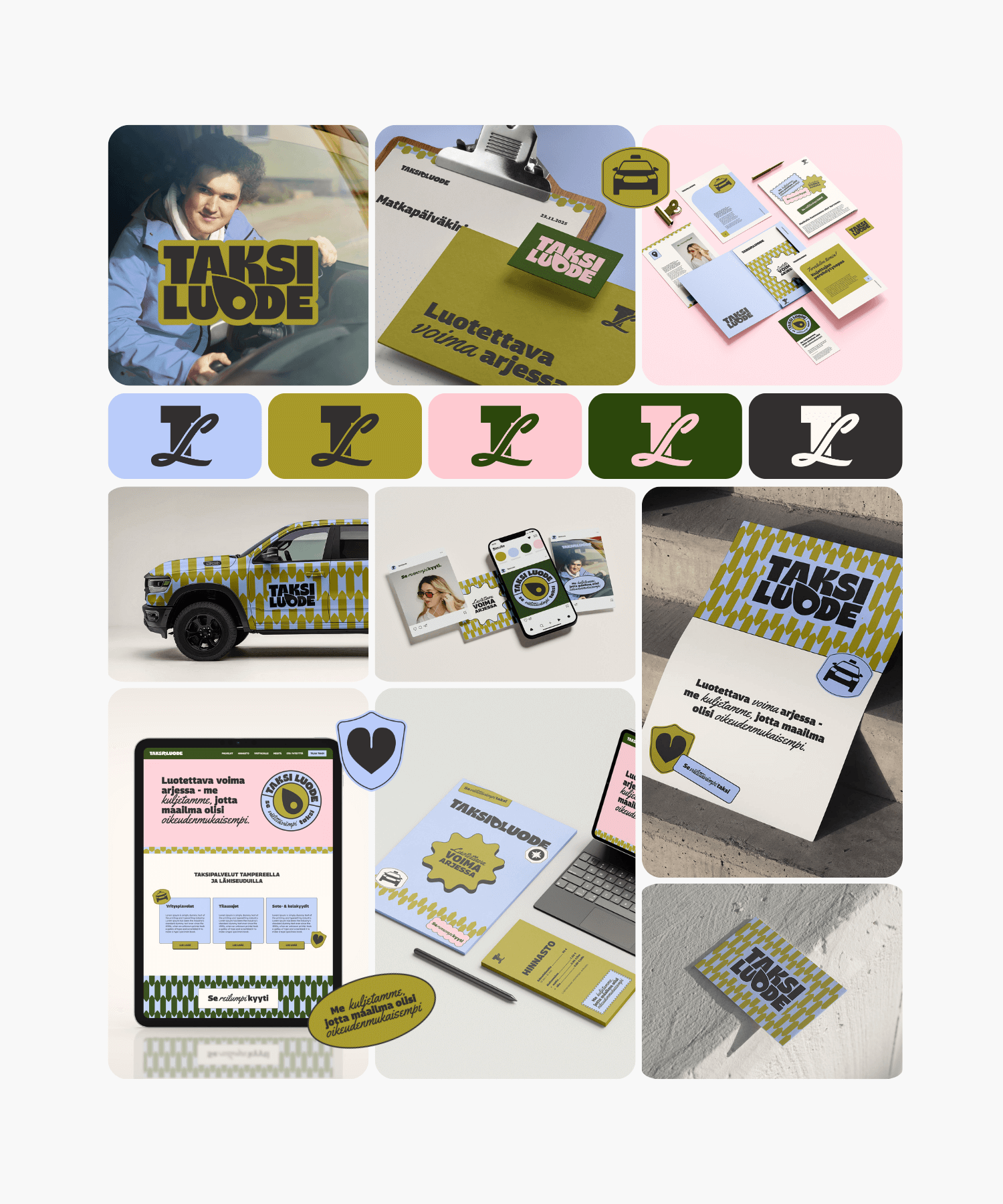 Kuvassa kooste Taksi Luode -yrityksen brändi-ilmeestä ja sen sovelluksista käytäntöön.