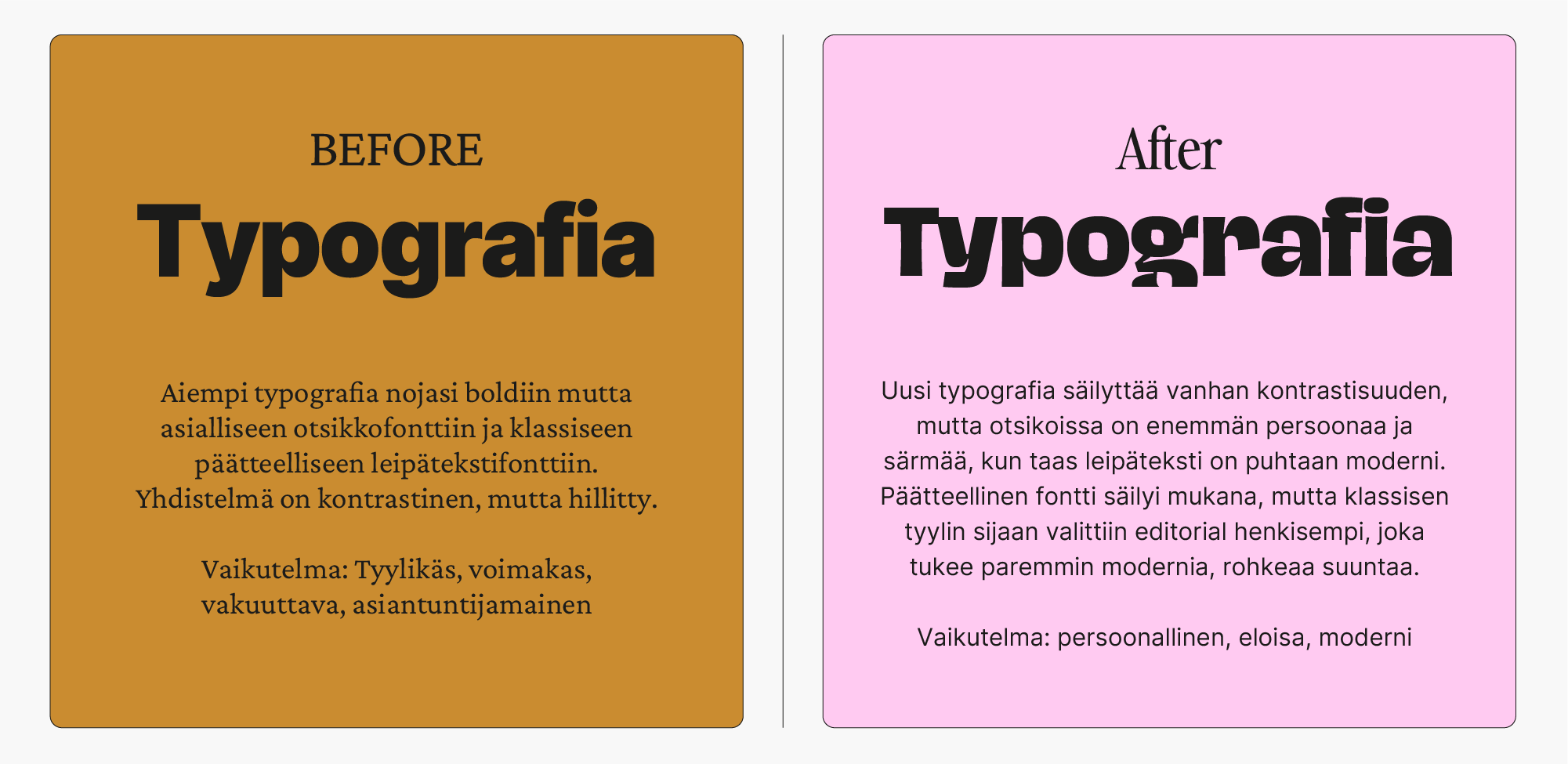 Peppi Creative brändin typografia ennen ja jälkeen uudistuksen