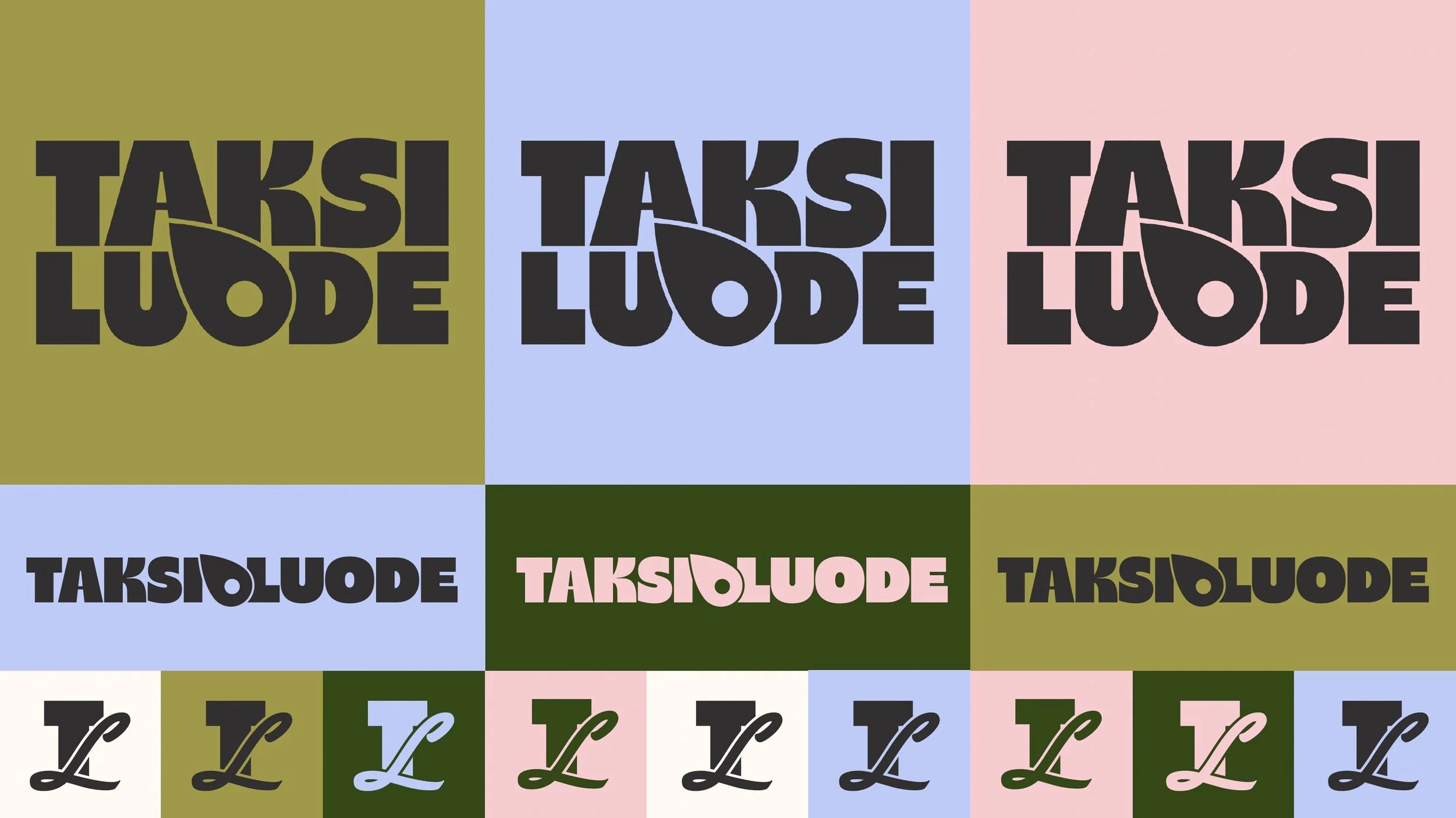 Taksi Luoteen logot erivärisillä brändiväri taustoilla