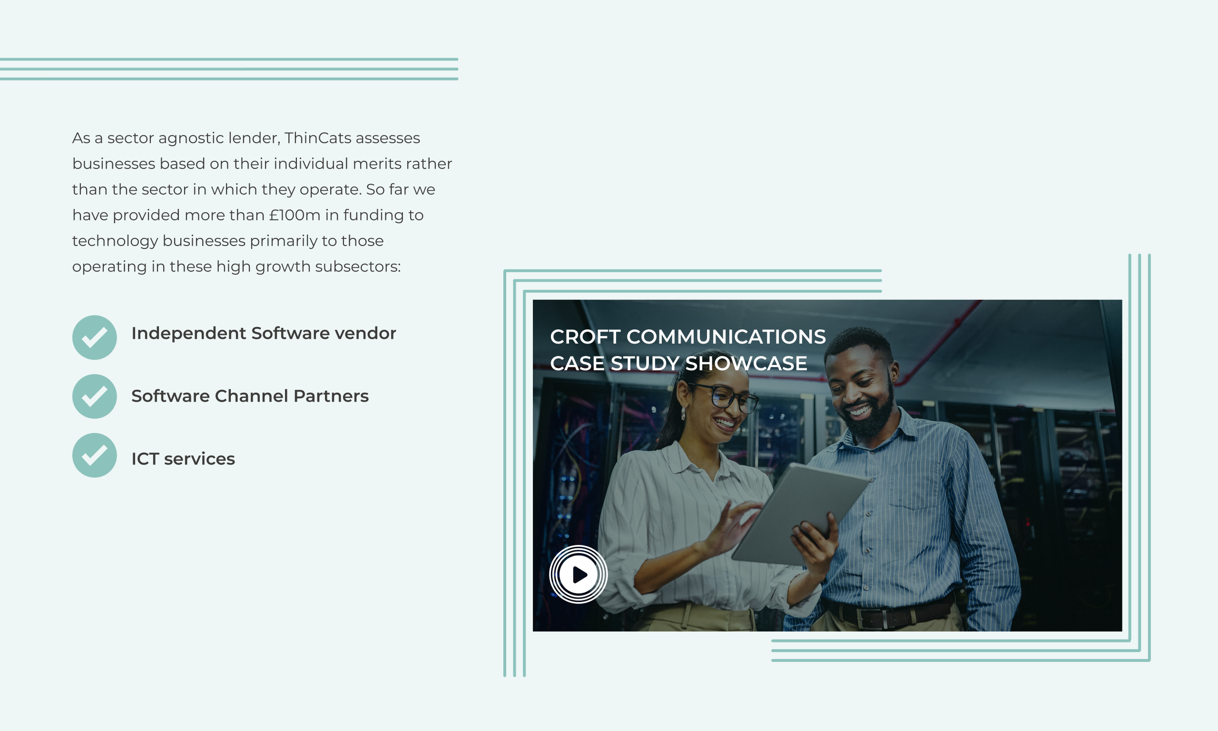 Full screen of 'ThinCats' website showcasing a case study section for technology sector funding, with a checklist of services and a photograph of two people smiling and using a tablet.