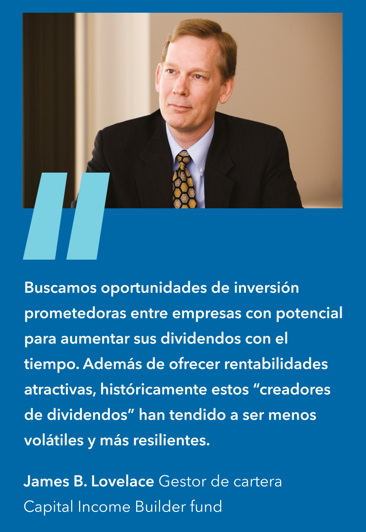 Spanish-language Capital Group mobile screen featuring a portfolio manager's portrait and commentary on dividend growth, investment opportunities and long-term resilience.