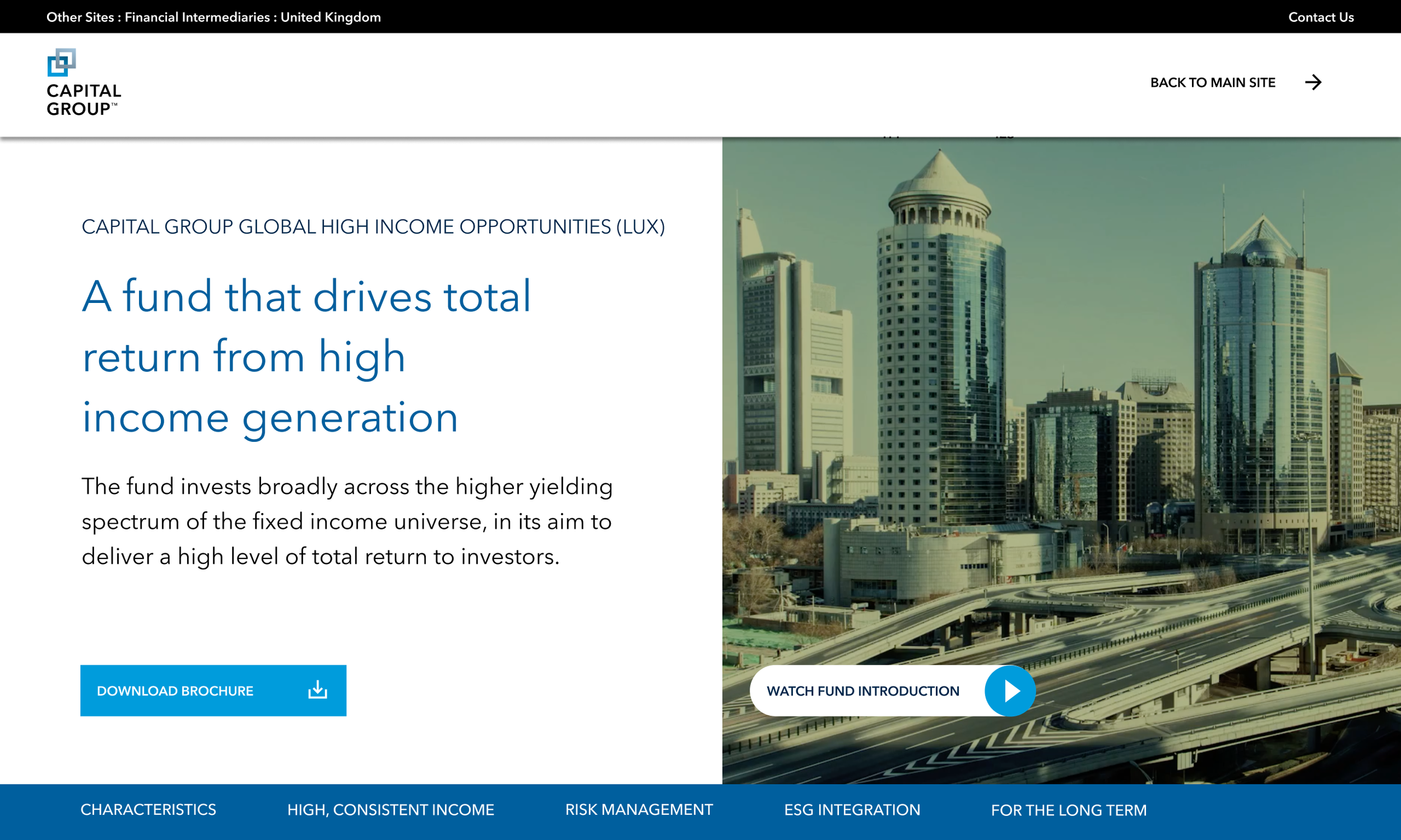 A wide-screen layout of Capital Group's promotional material with a cityscape and highways, featuring text about the Global High Income Opportunities fund and a download brochure button.